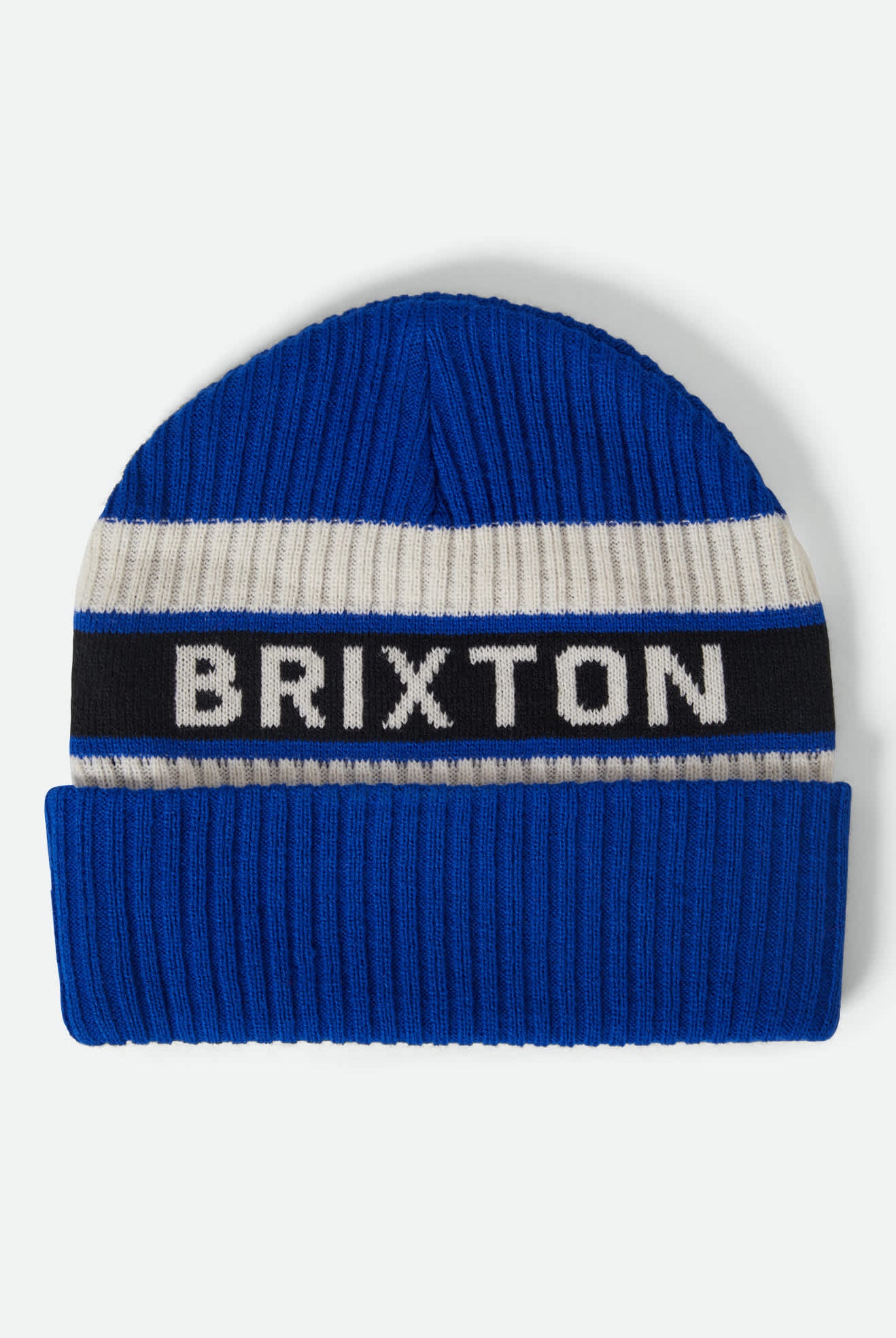 Men's Rainier Striped Beanie in the color Royal/White/Black - Front Product View