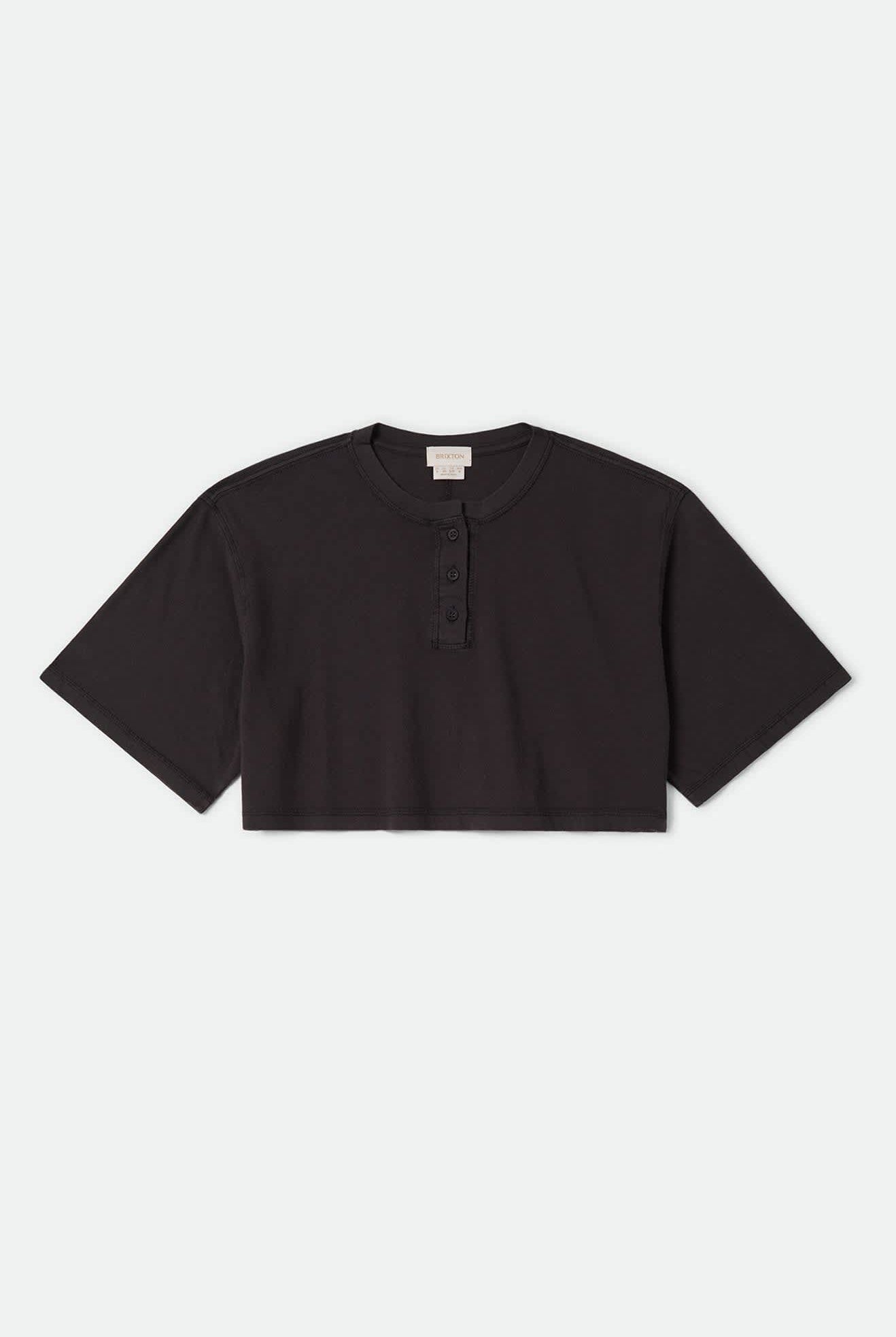 Women's Carefree Organic Garment Dye Cropped Henley in the color Black - Front Product View
