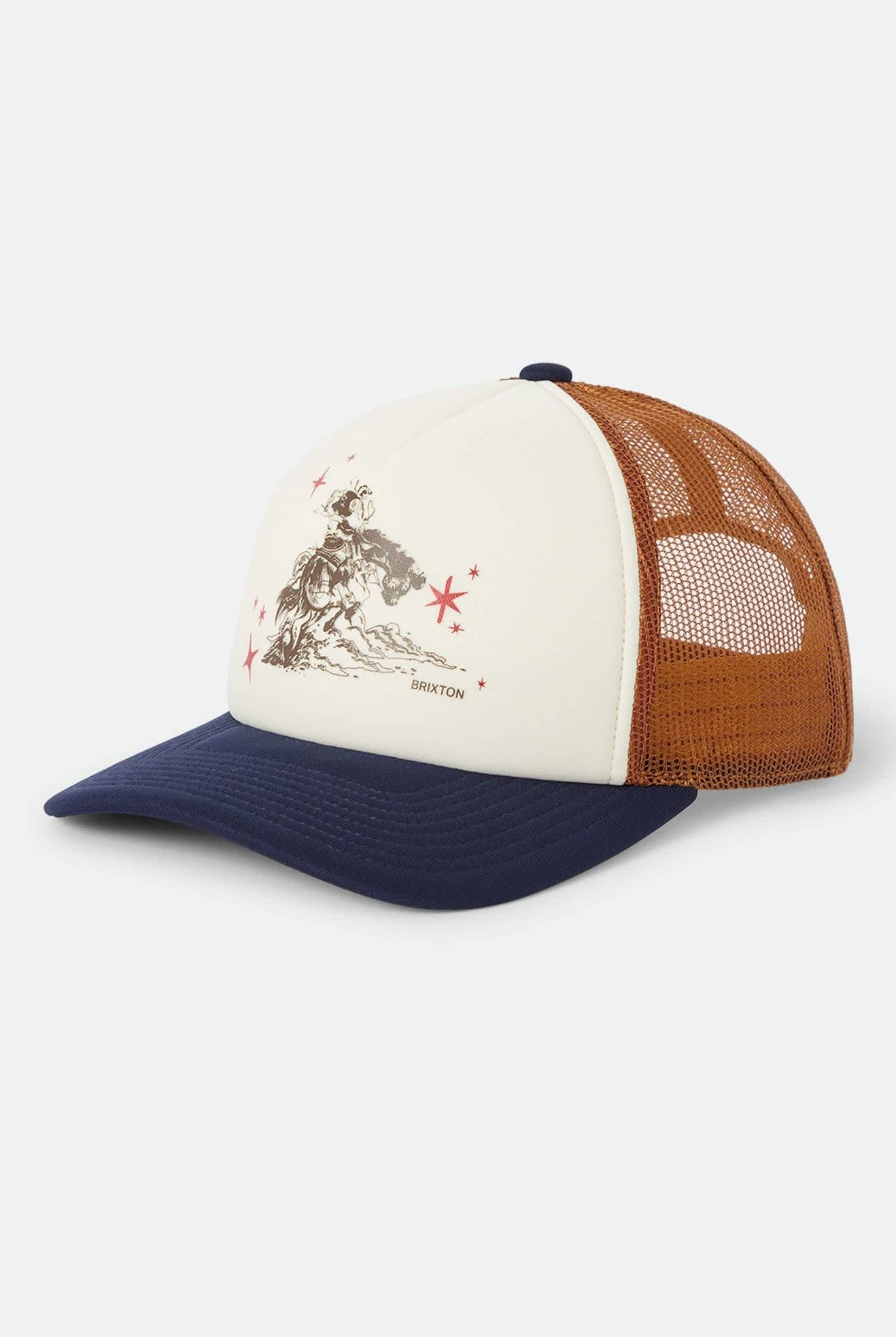 Unisex Mid Century Ranch Trucker Hat in the color Off White/Washed Navy/Caramel - Front Product View