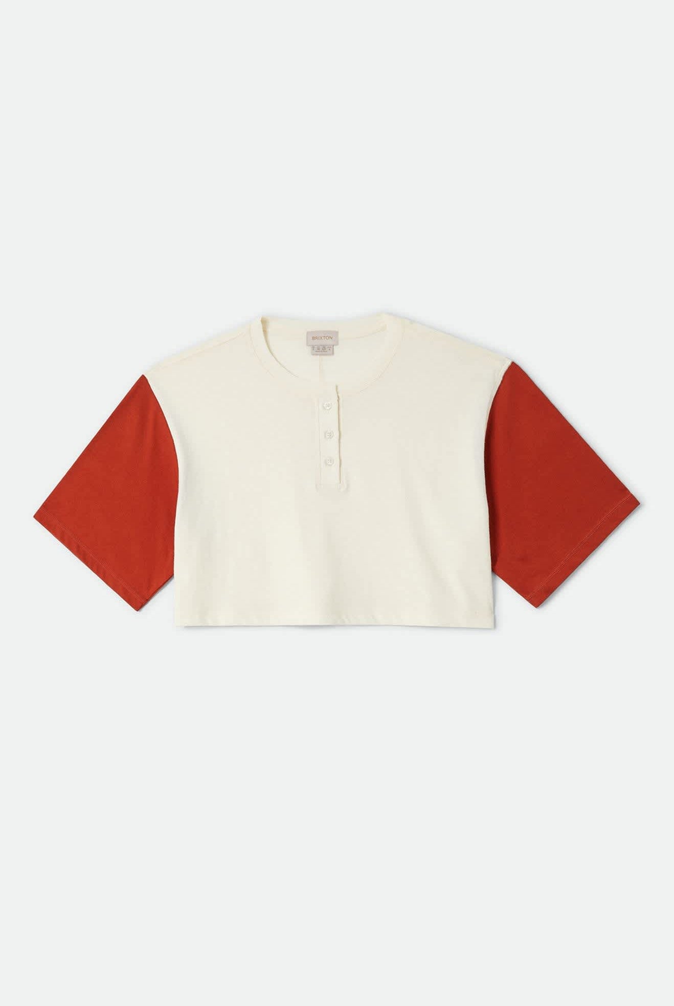 Women's Carefree Organic Garment Dye Cropped Henley in the color Off White/Rust - Front Product View