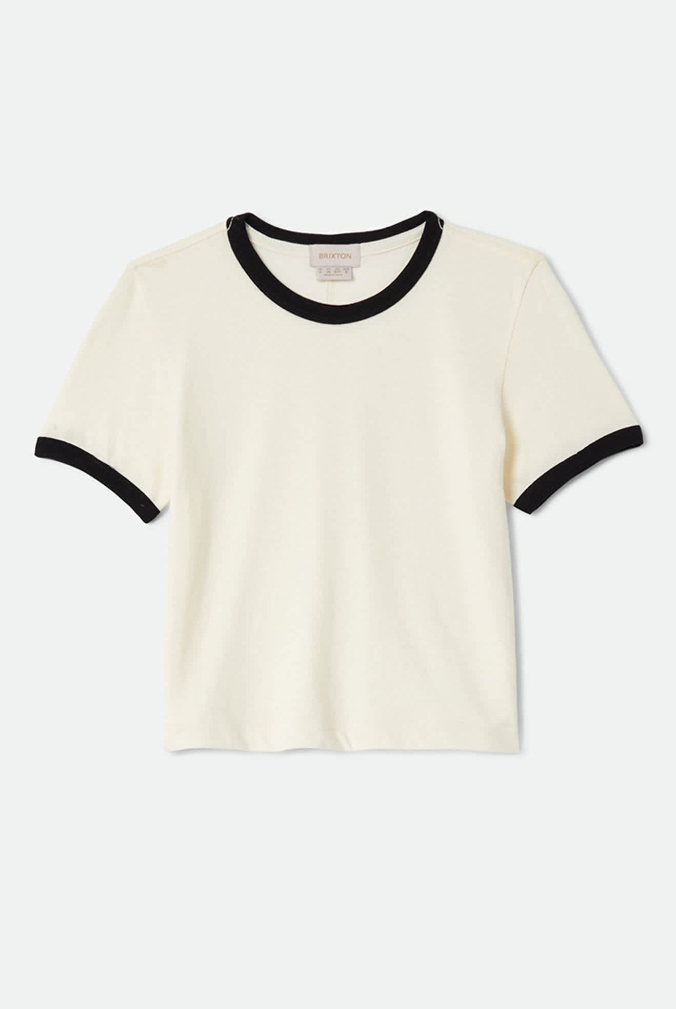 Women's Carefree Organic Garment Dye Ringer T-Shirt in the color Off White/Black - Front Product View