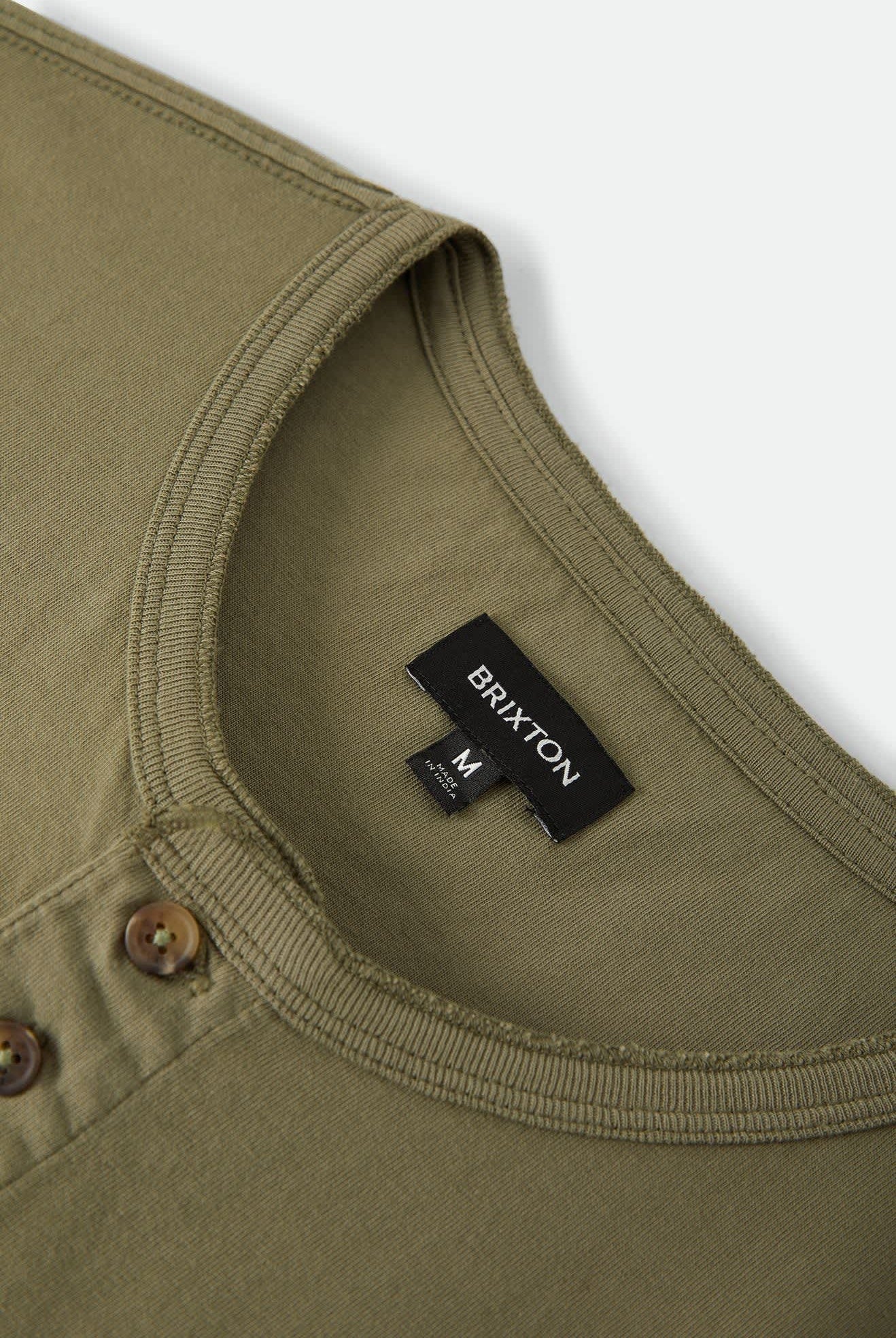 Men's Brixton Baseline Henley T-Shirt in the color Olive Surplus Vintage Wash - Additional Laydown image