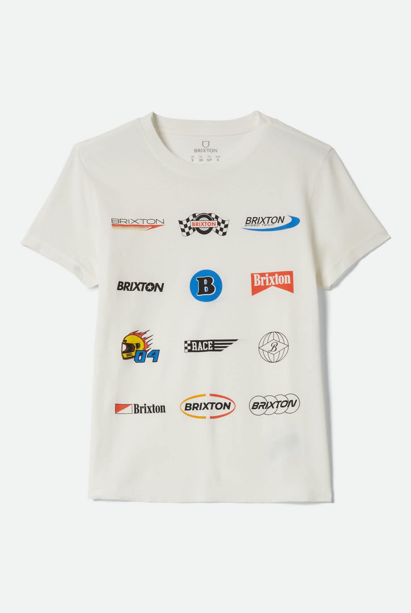 Women's Racing Patches Crew T-Shirt in the color Off White - Front Product View