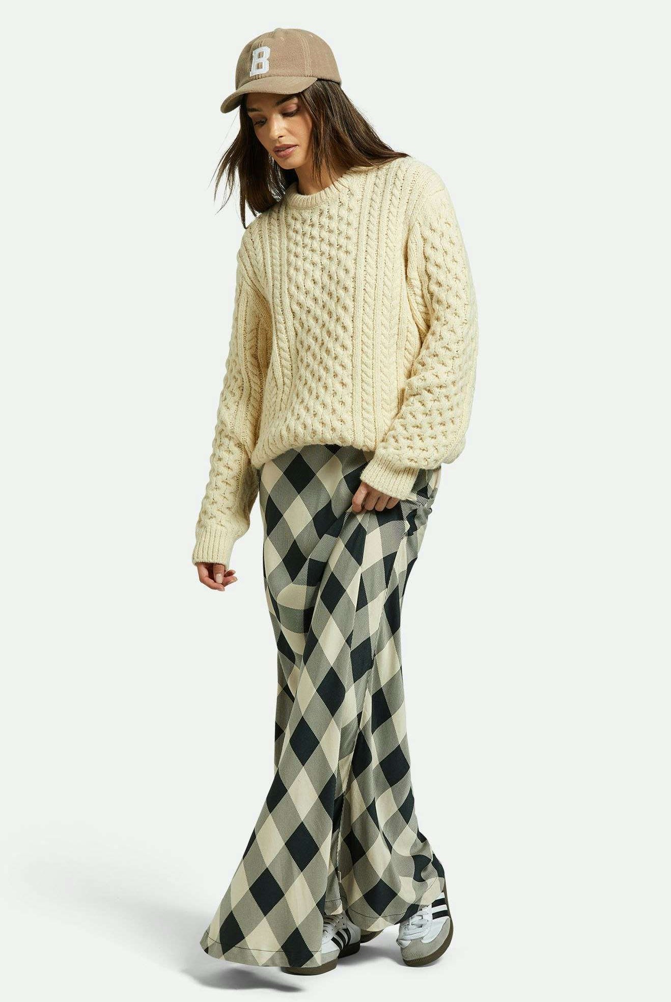 Brixton Women's Silky Full Length Skirt - Washed Black/Whitecap Buffalo Check | Front fit