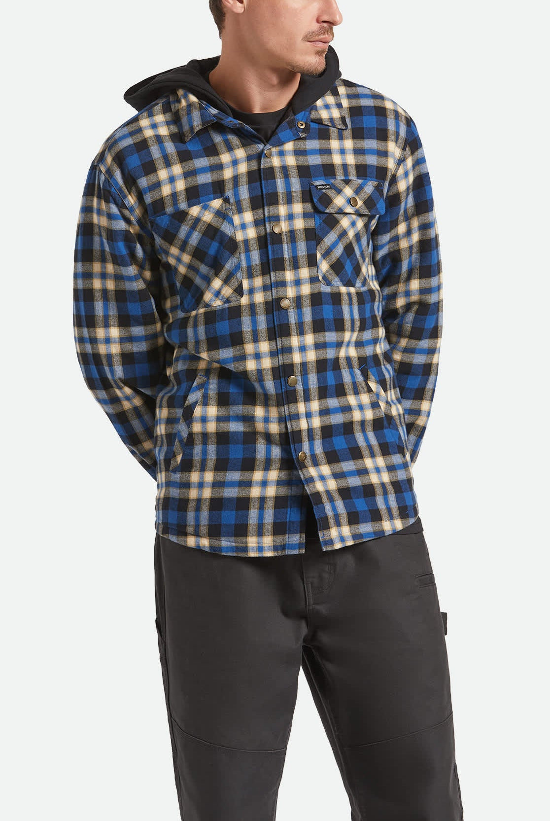 Men's Bowery Quilited Hooded Flannel in the color Navy/Cream - Men's Front View