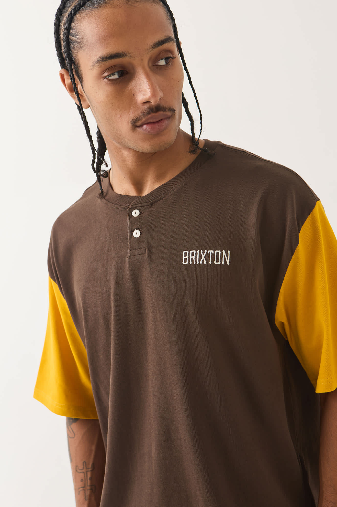 Men's Boxy Baseball T-Shirt in the color Walnut Brown/Golden Hour - Men's Side View
