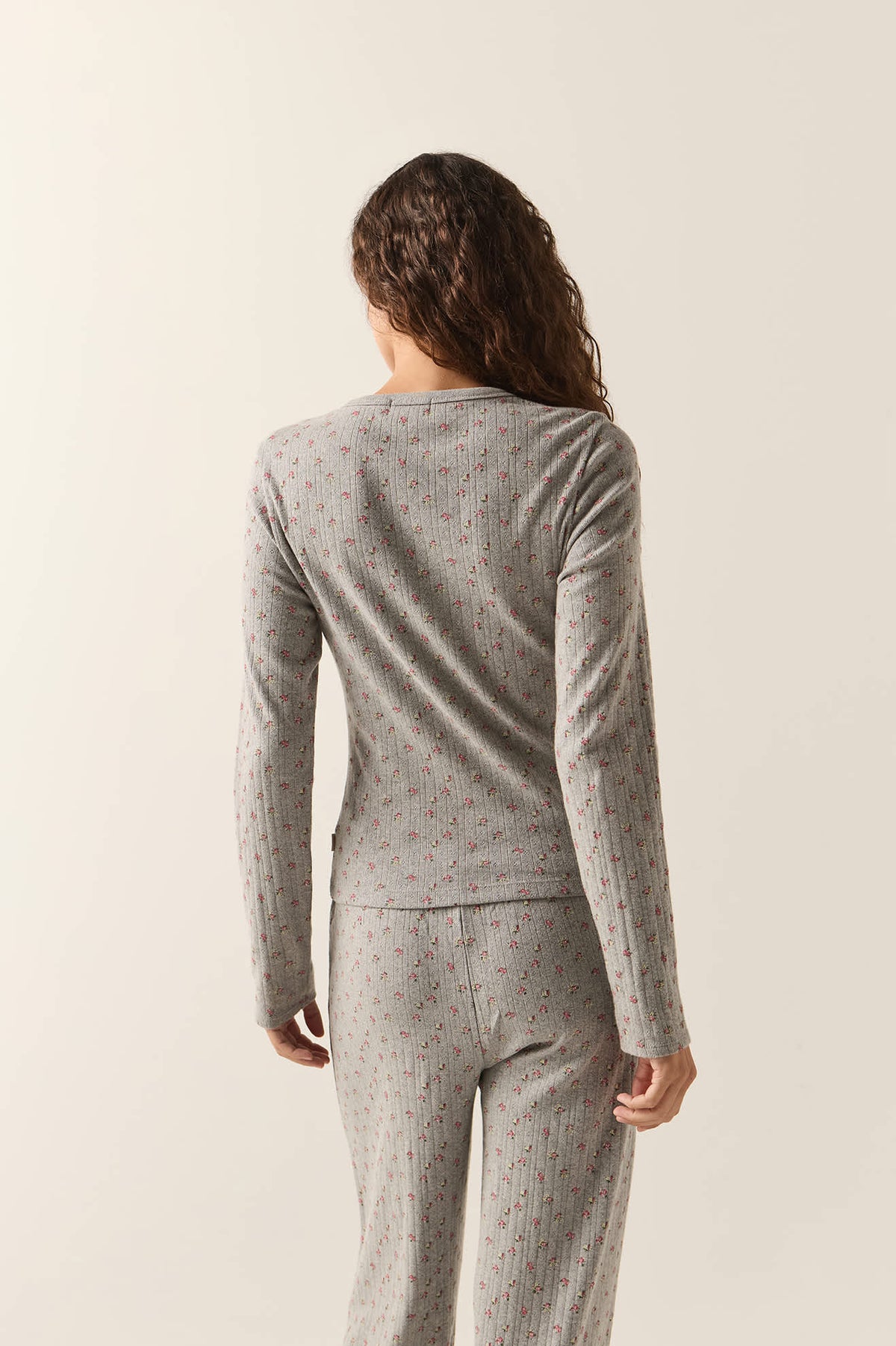 Women's Off Duty Pointelle Knit Top in the color Heather Grey Ditsy Floral - Women's Back View