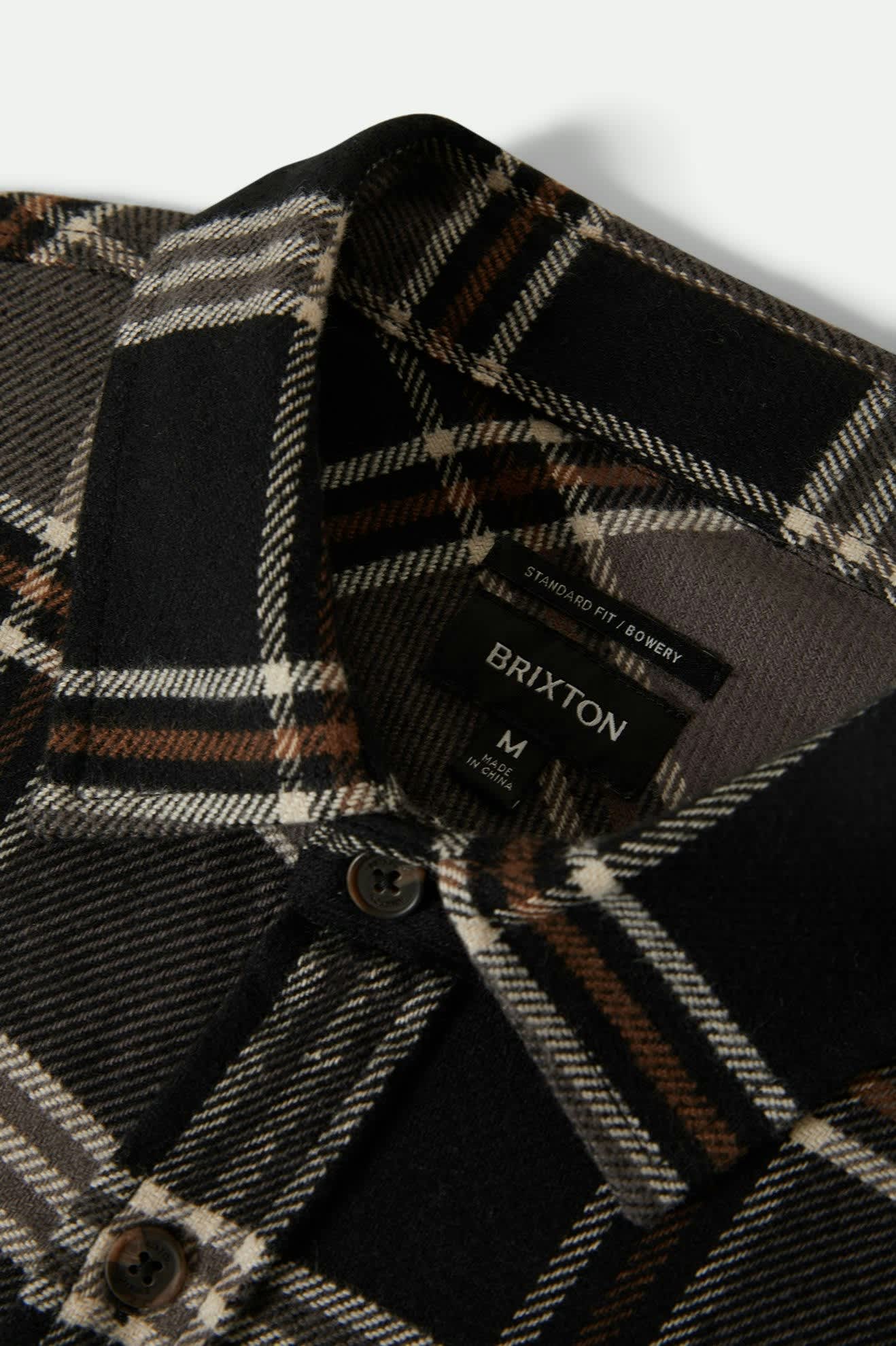 Men's Bowery L/S Flannel in the color Black/Charcoal/Pinecone - Additional Laydown image