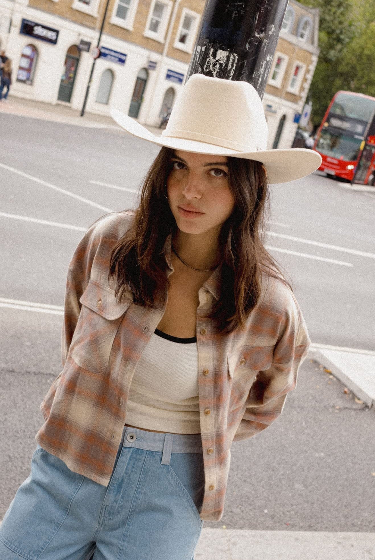 Women's Bowery Crop Women's Overshirt in the color Soft Tan Window Plaid - Women's Lifestyle image