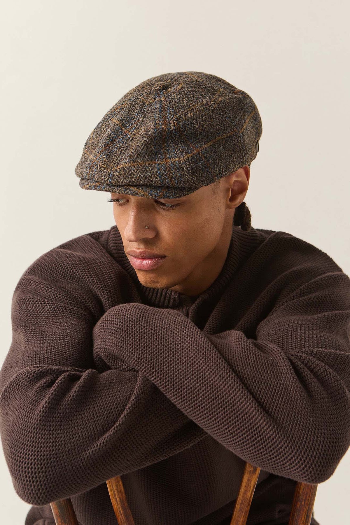 Unisex Brood Newsboy Cap in the color Slate Blue/Sepia/Orange - Additional Fit image