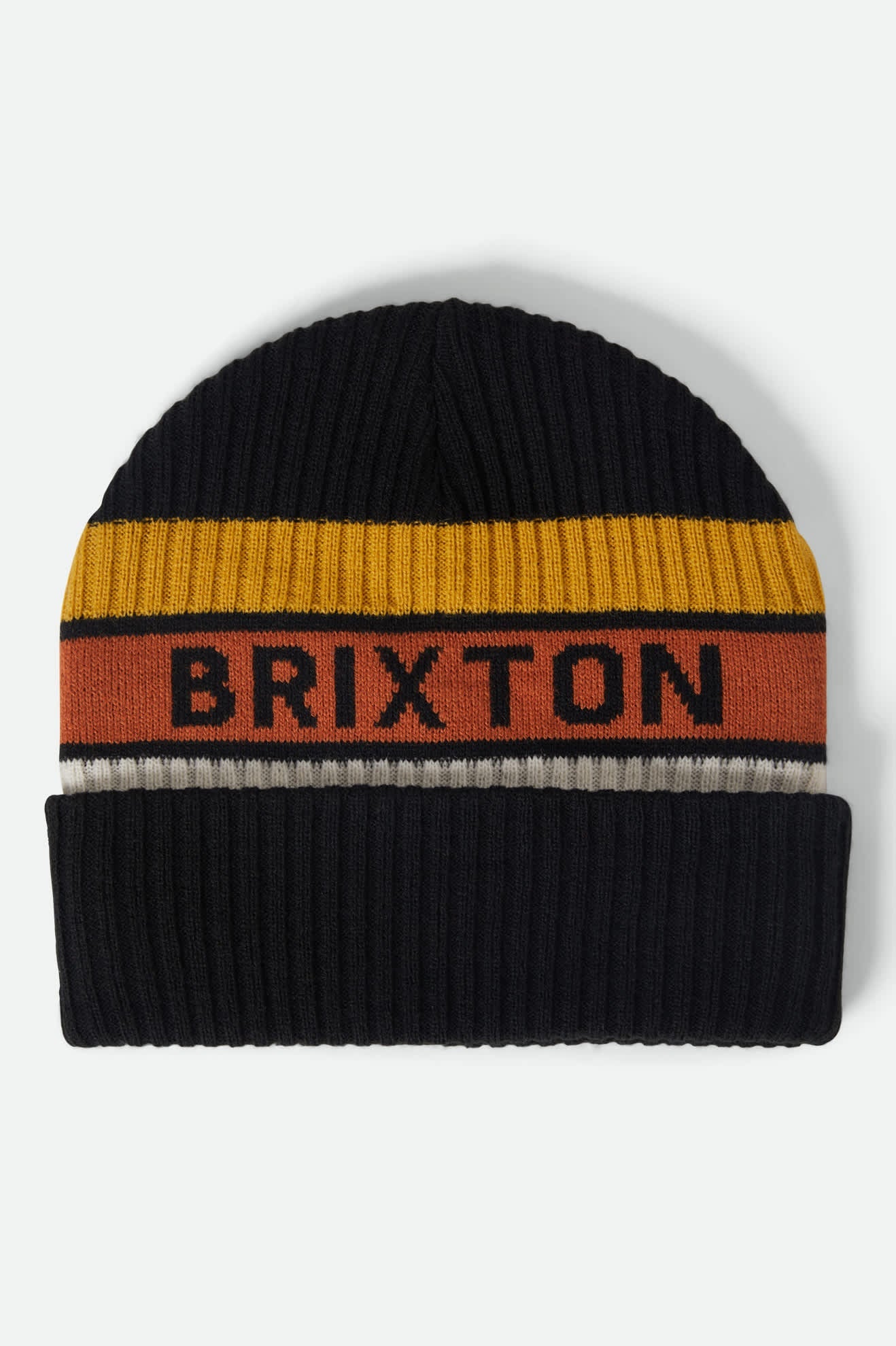 Men's Rainier Striped Beanie in the color Black/Yellow/Orange - Front Product View