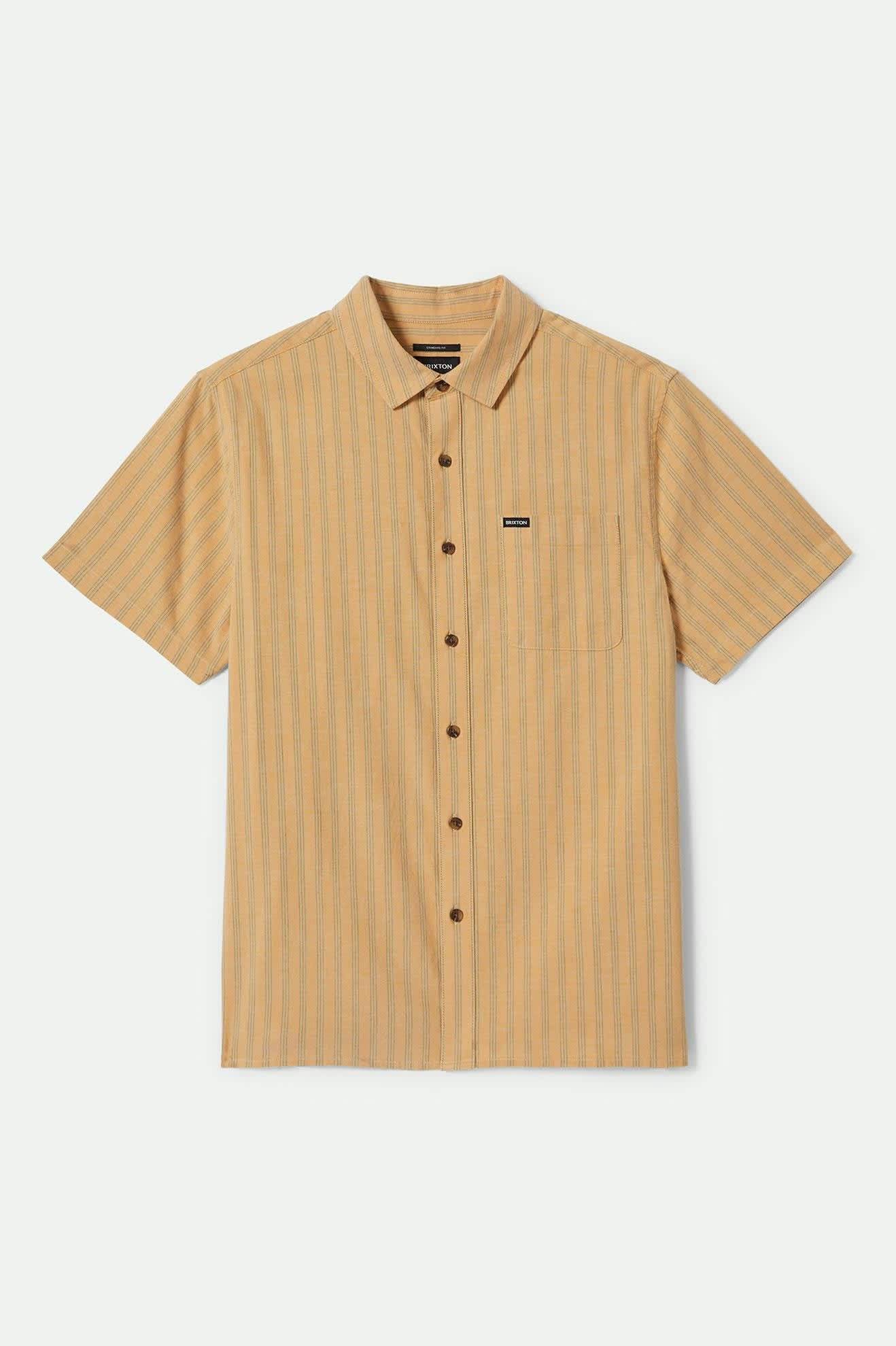 Men's CRU Oxford Stripe S/S Shirt in the color Curry/Ivy Green Stripe - Front Product View