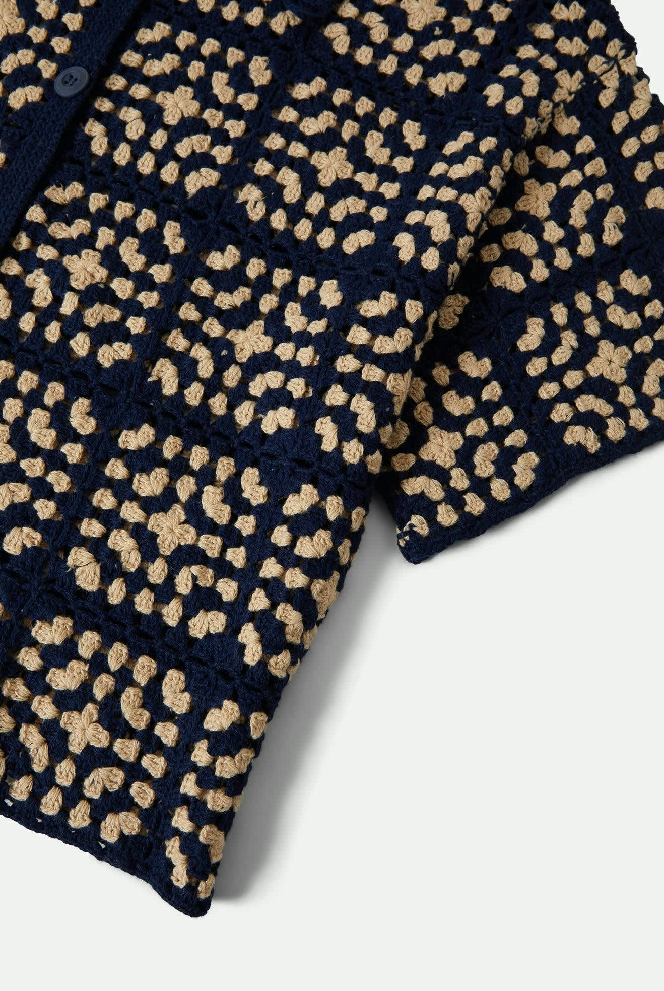 Women's Crochet S/S Button Down in the color Mood Indigo/Off White - Additional Laydown image