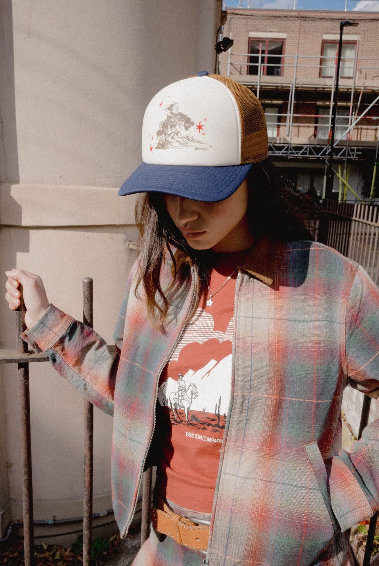 Unisex Mid Century Ranch Trucker Hat in the color Off White/Washed Navy/Caramel - Women's Lifestyle image