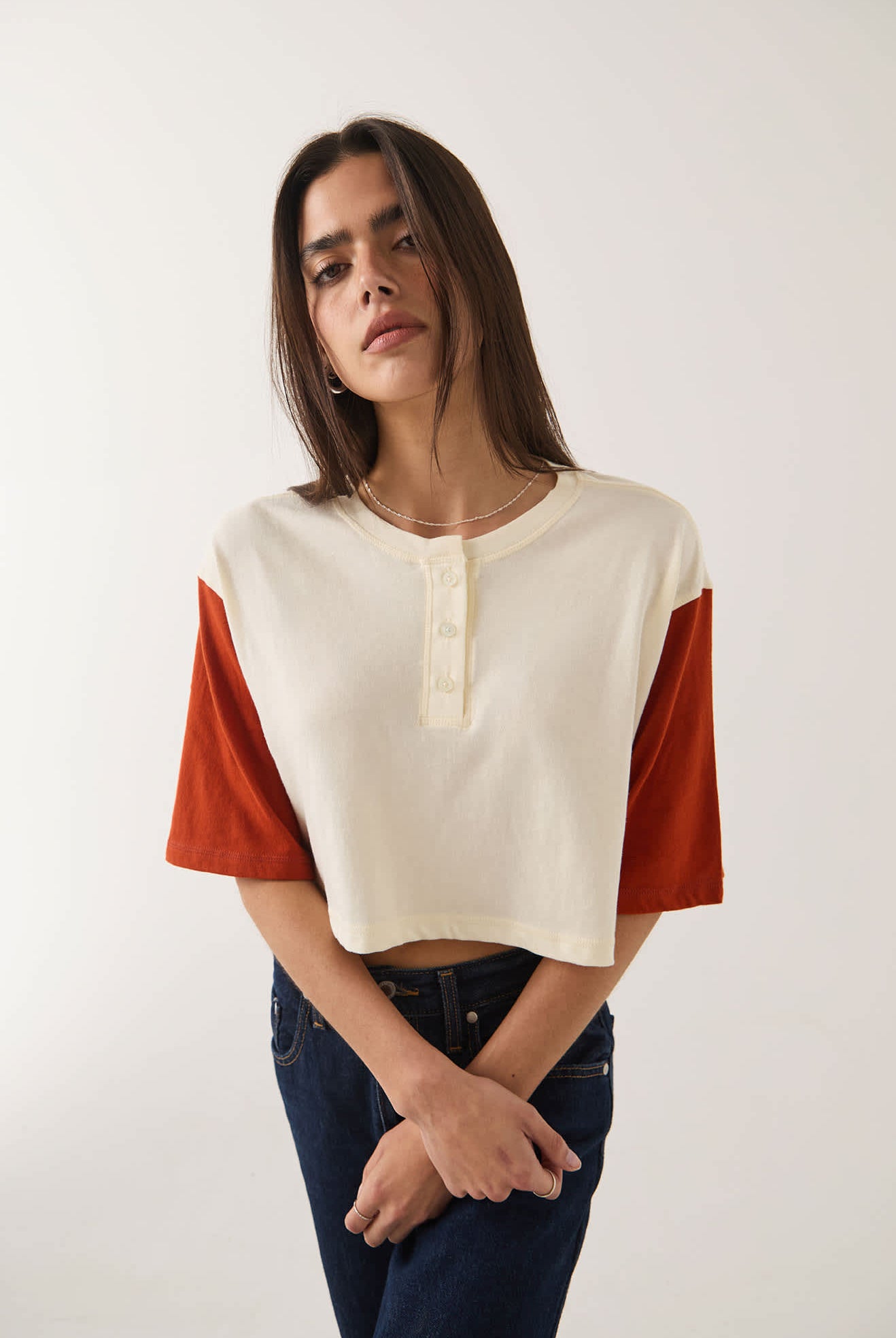 Women's Carefree Organic Garment Dye Cropped Henley in the color Off White/Rust - Additional Fit image
