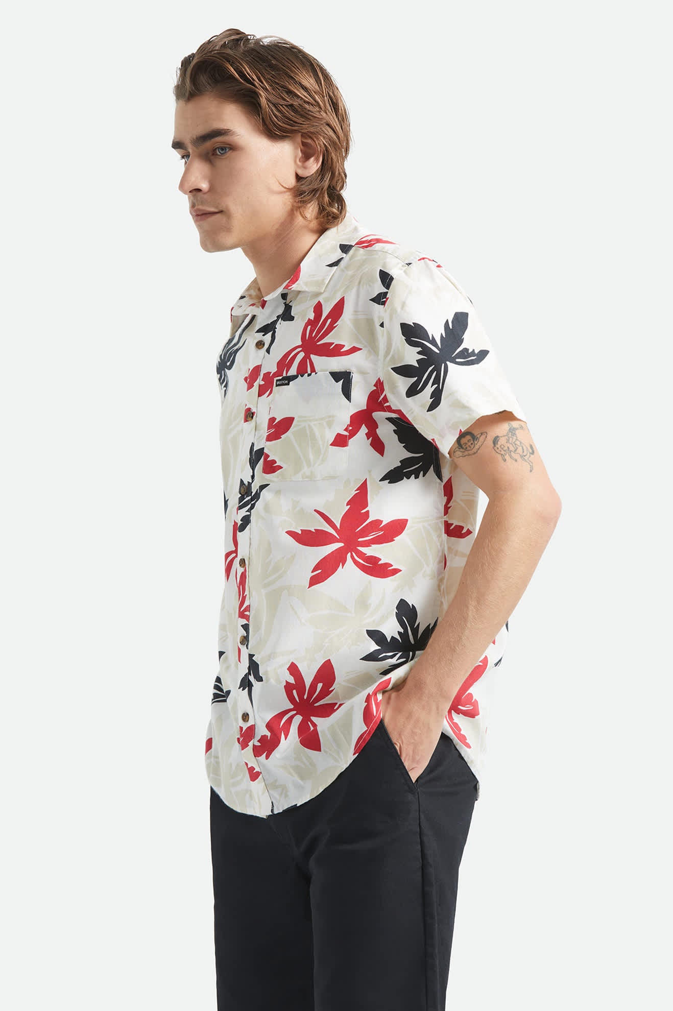 Men's Charter Print Short Sleeve Shirt in the color Off White/Black/Red Palm Floral - Additional Fit image