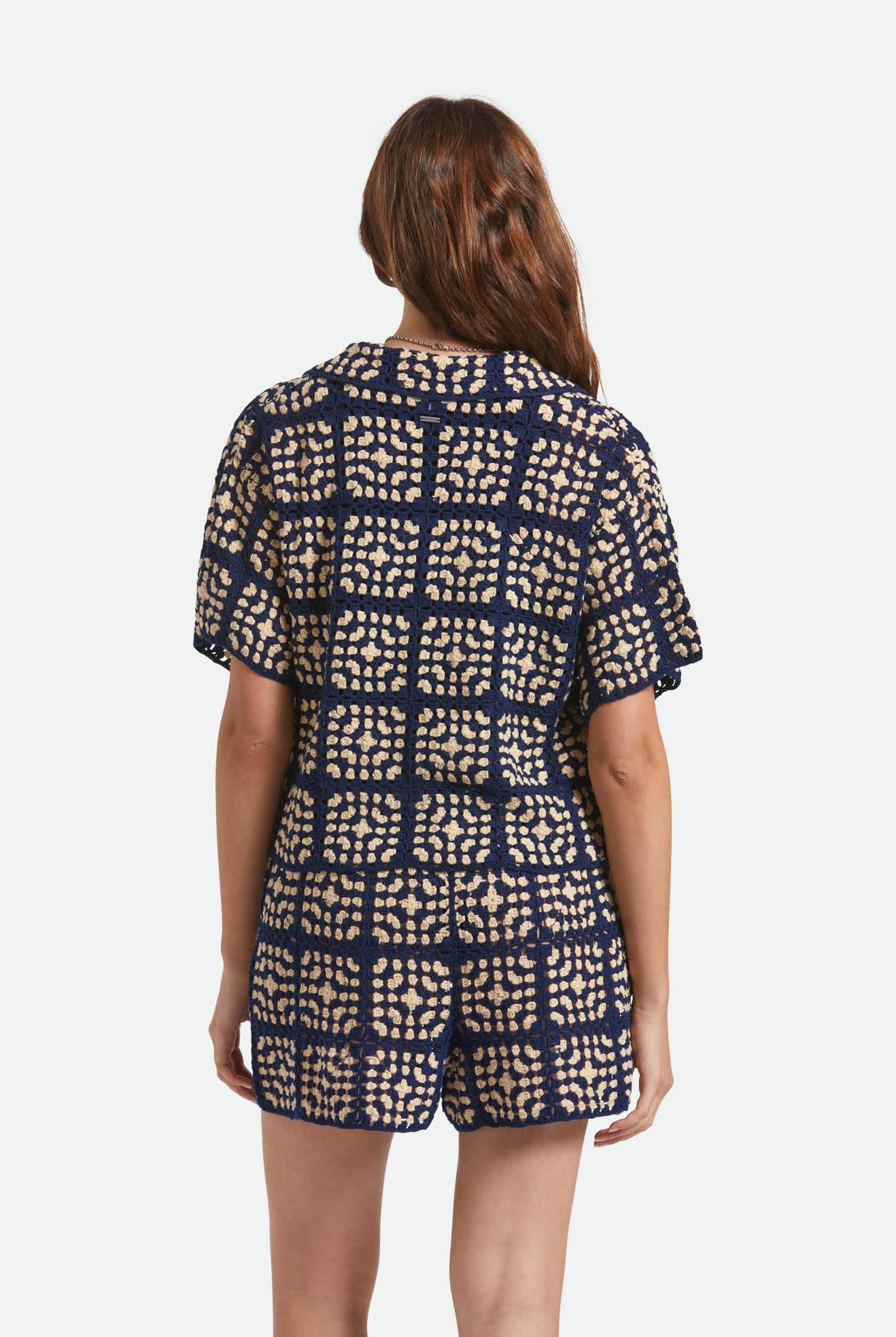 Women's Crochet S/S Button Down in the color Mood Indigo/Off White - Women's Back View