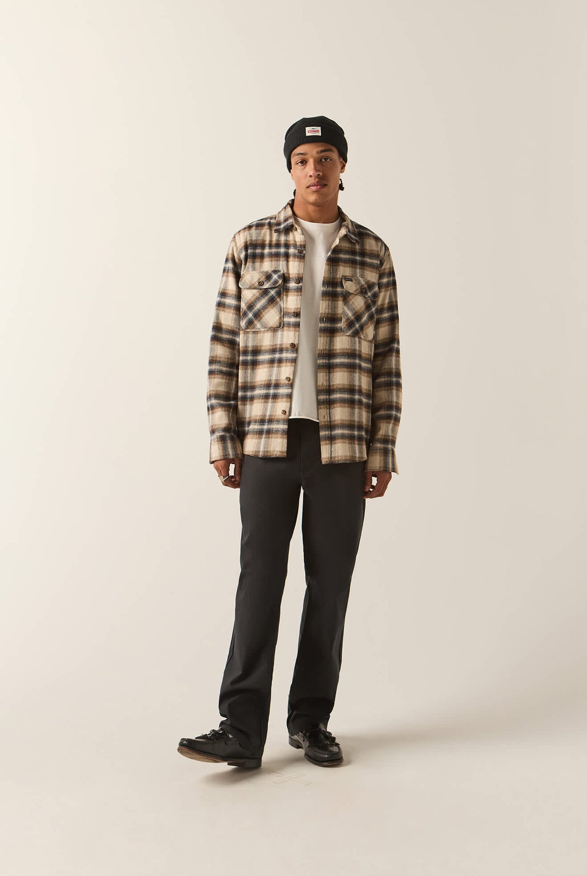 Men's Bowery Flannel in the color Soft Brown Plaid - Men's Front View