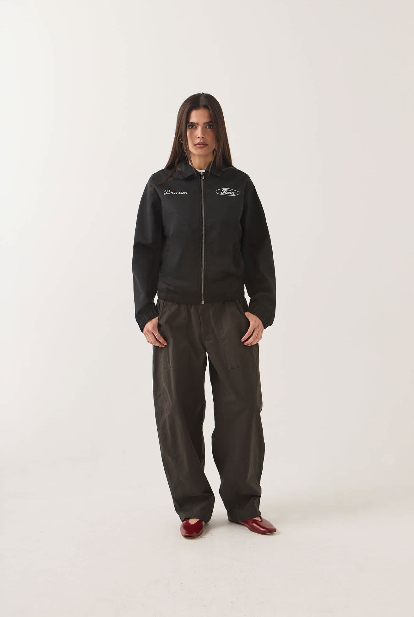 Unisex Ford Built Tough Harrington Jacket in the color Burnt Rubber - Women's Front View