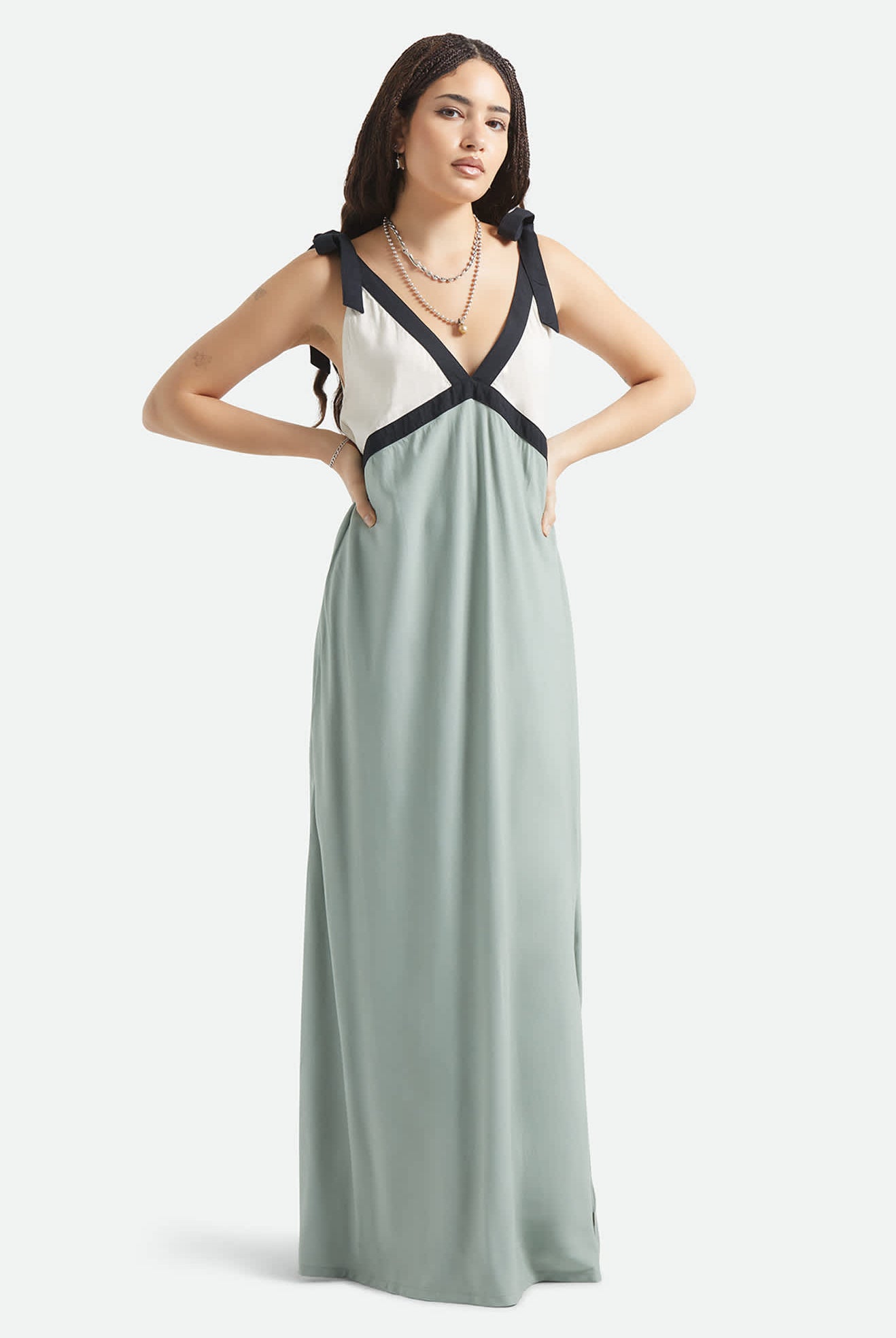 Women's Sunset Tie Slip Dress in the color Sage Green/Whitecap - Additional Fit image