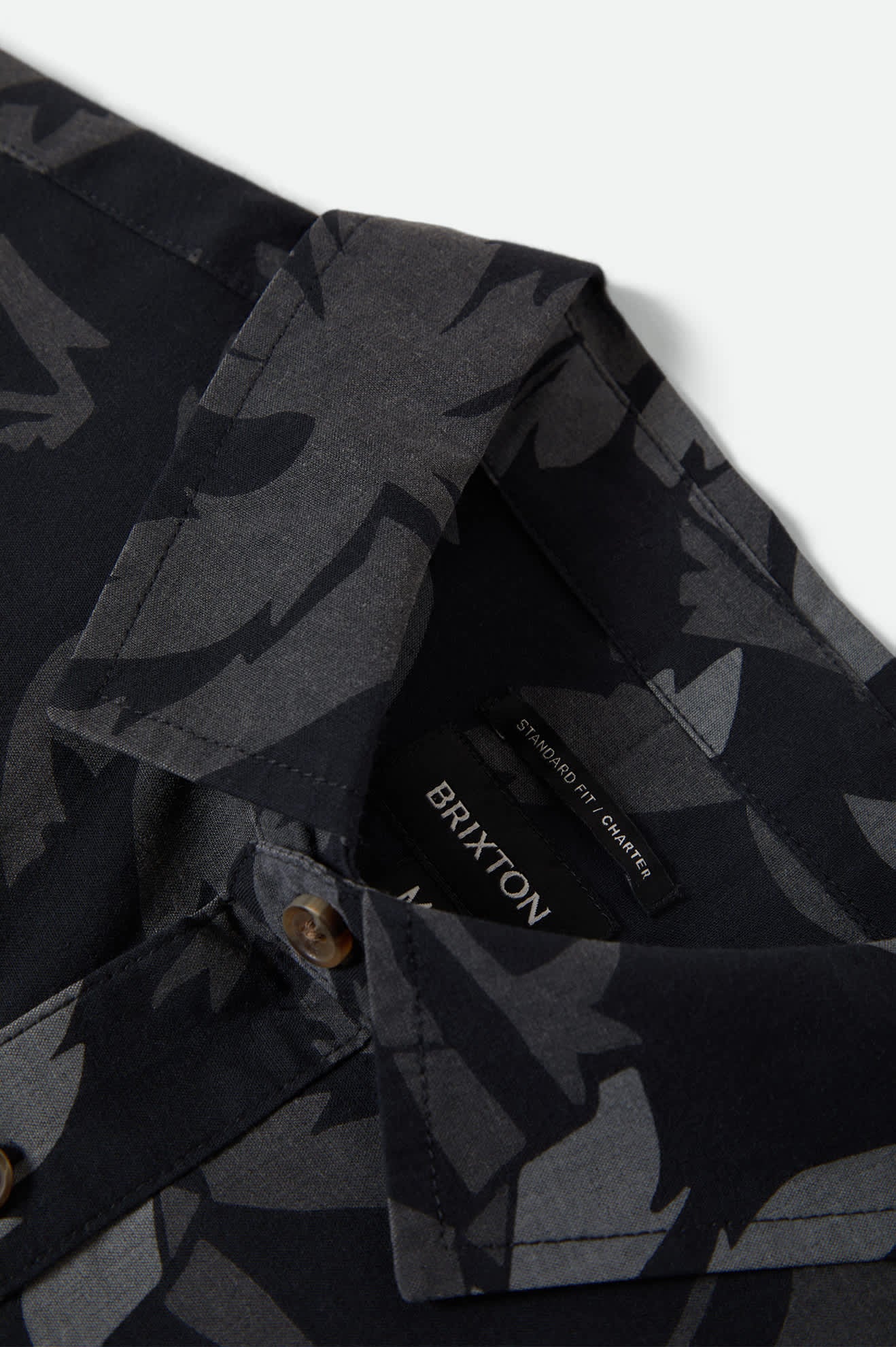 Men's Charter Print Short Sleeve Shirt in the color Black/Trooper/Future Grey Palm Floral - Additional Laydown image