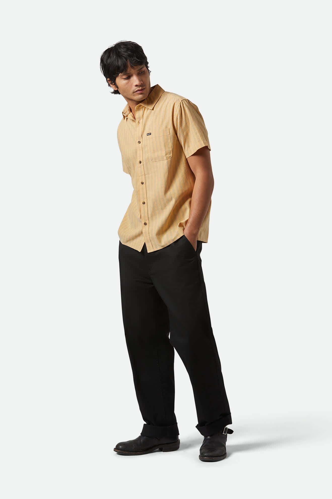 Men's CRU Oxford Stripe S/S Shirt in the color Curry/Ivy Green Stripe - Additional Fit image