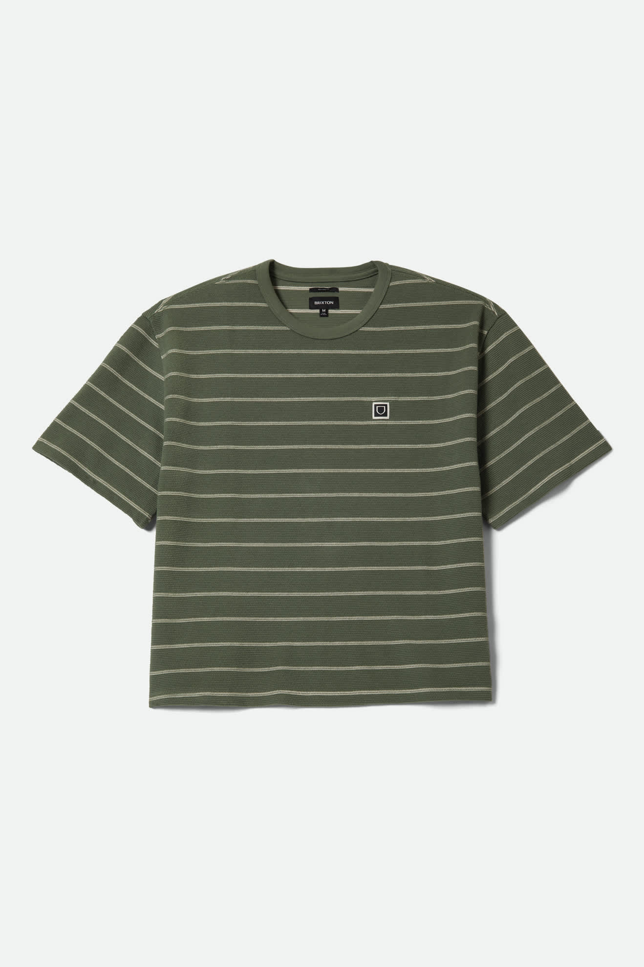 Men's Parsons Stripped Pique Boxy T-Shirt in the color Dark Olive/Whitecap - Front Product View