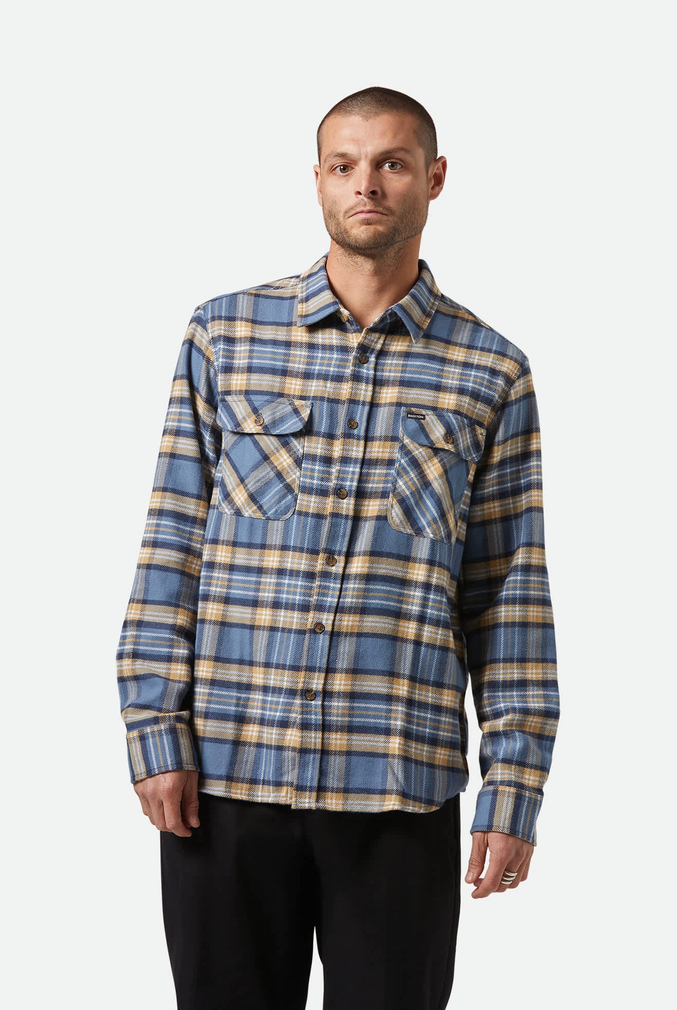 Men's Bowery L/S Flannel in the color Azure Blue/Washed Navy/Sand - Men's Front View