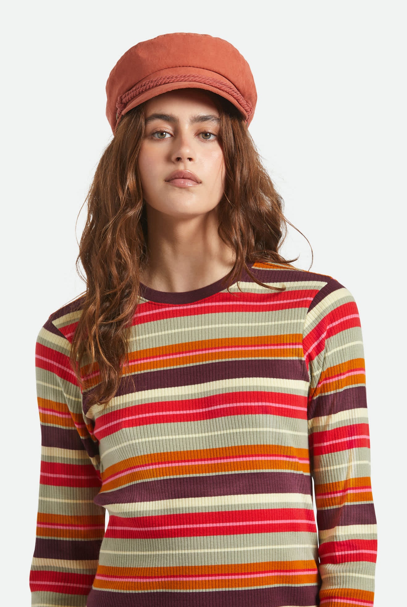 Women's Fiddler Fisherman Cap in the color Terracota Brushed Satin - Women's Front View