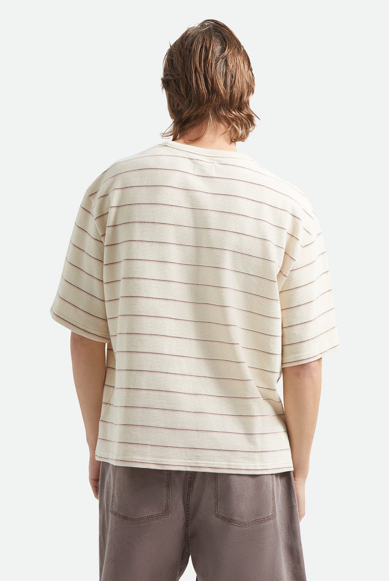 Men's Parsons Stripped Pique Boxy T-Shirt in the color Whitecap/Sea Foam/Pinecone Brown - Men's Back View
