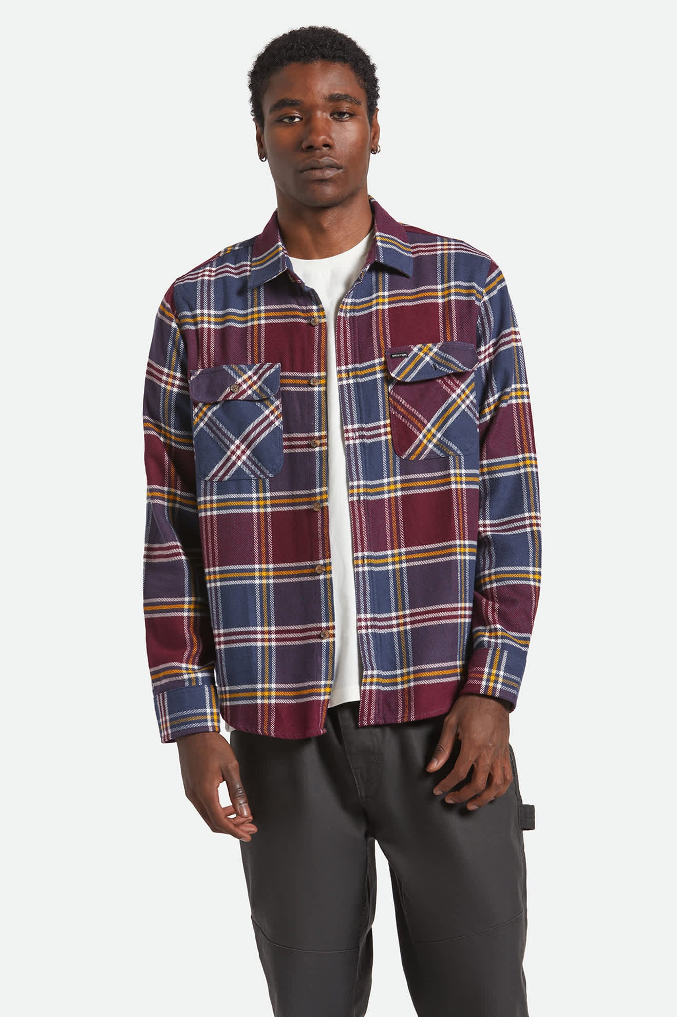 Men's Bowery L/S Flannel in the color Mood Indigo/Port/Saffron - Men's Front View