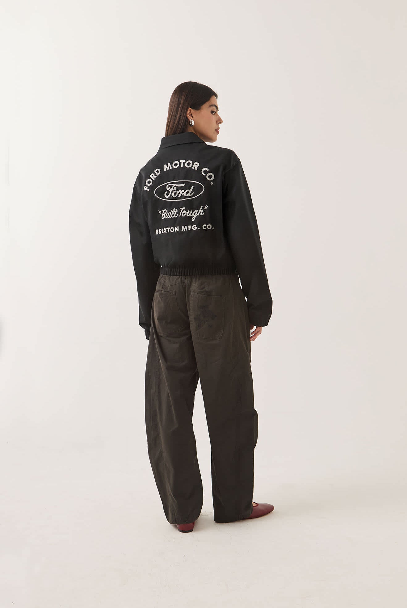 Unisex Ford Built Tough Harrington Jacket in the color Burnt Rubber - Women's Back View