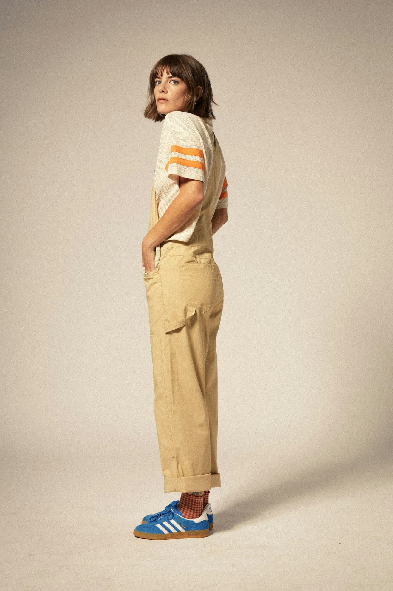 Women's Utility Overall in the color Pale Khaki - Women's Side View