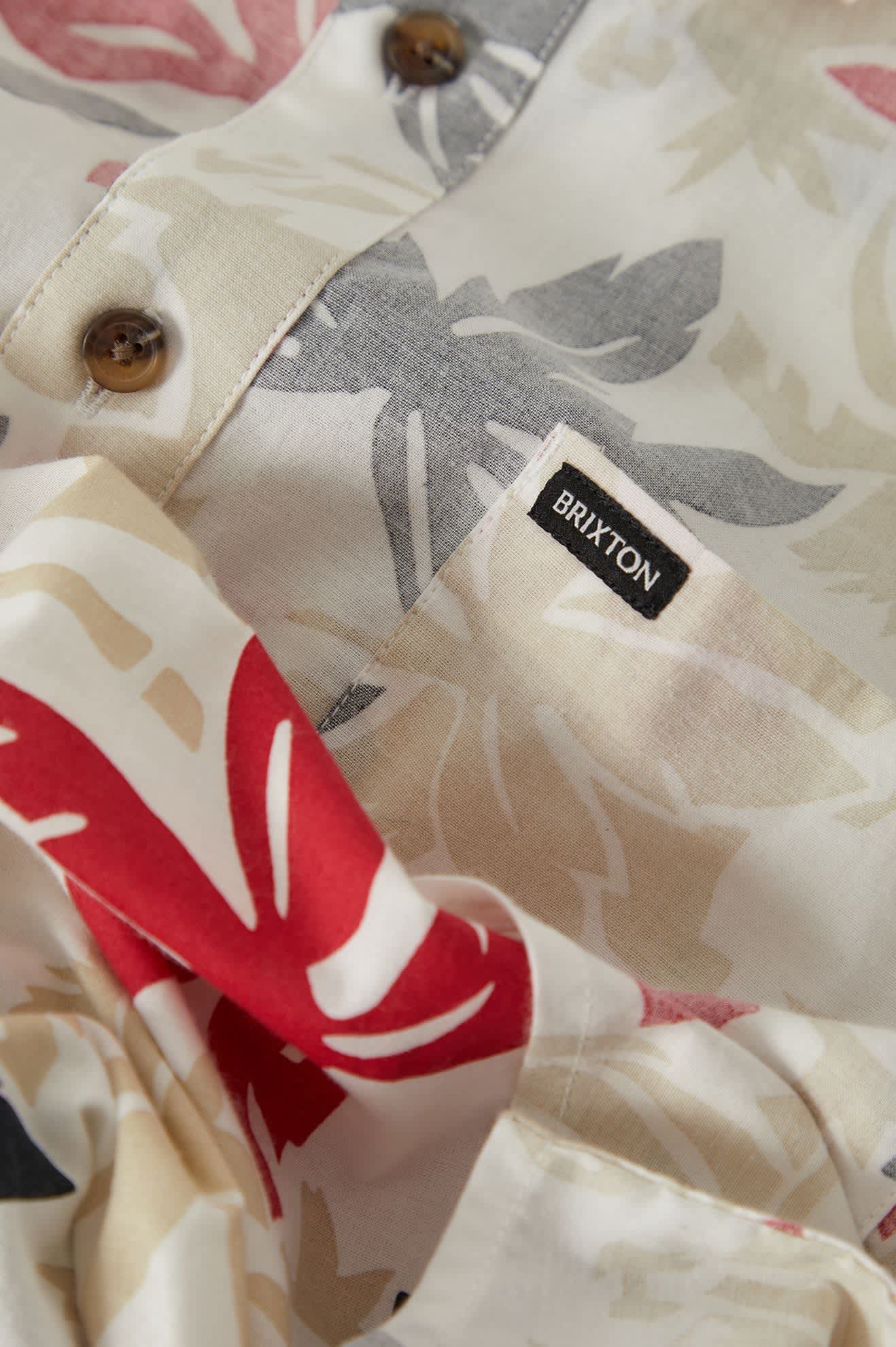 Men's Charter Print Short Sleeve Shirt in the color Off White/Black/Red Palm Floral - Additional Laydown image