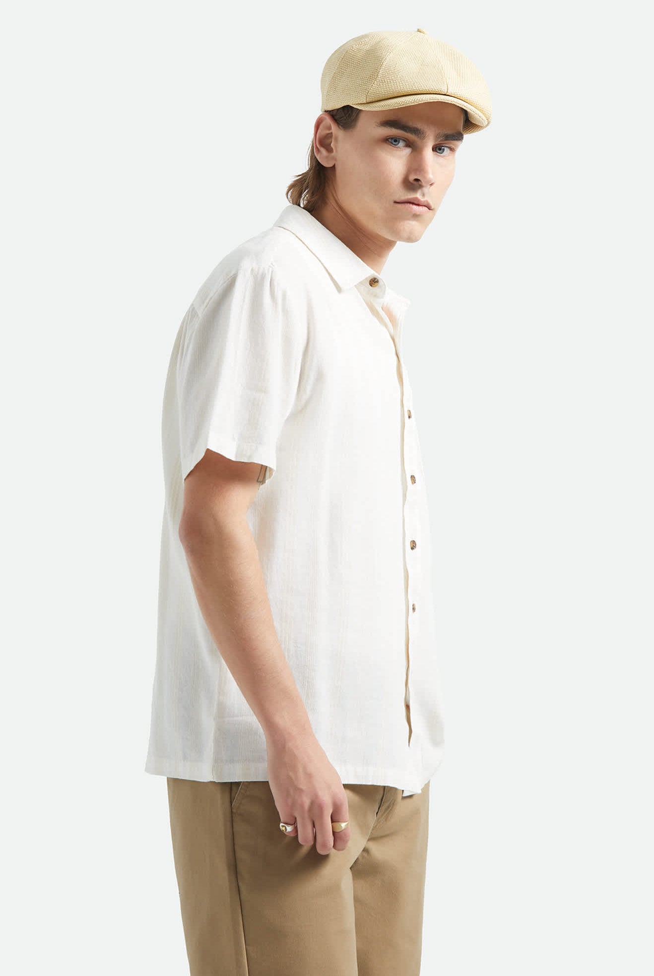 Men's Charter Stripped Dobby Short Sleeve Shirt in the color Off White - Additional Fit image