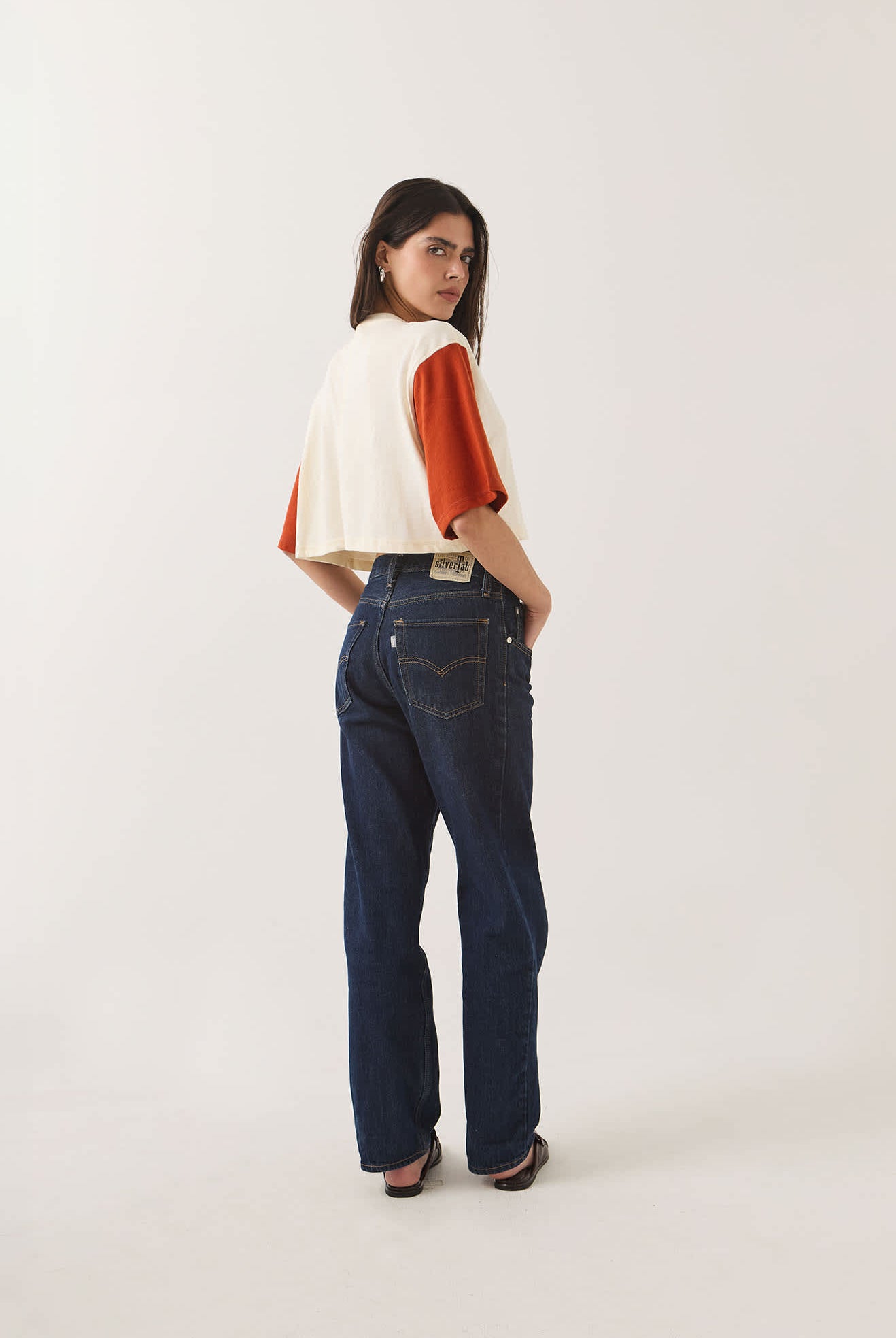 Women's Carefree Organic Garment Dye Cropped Henley in the color Off White/Rust - Women's Back View