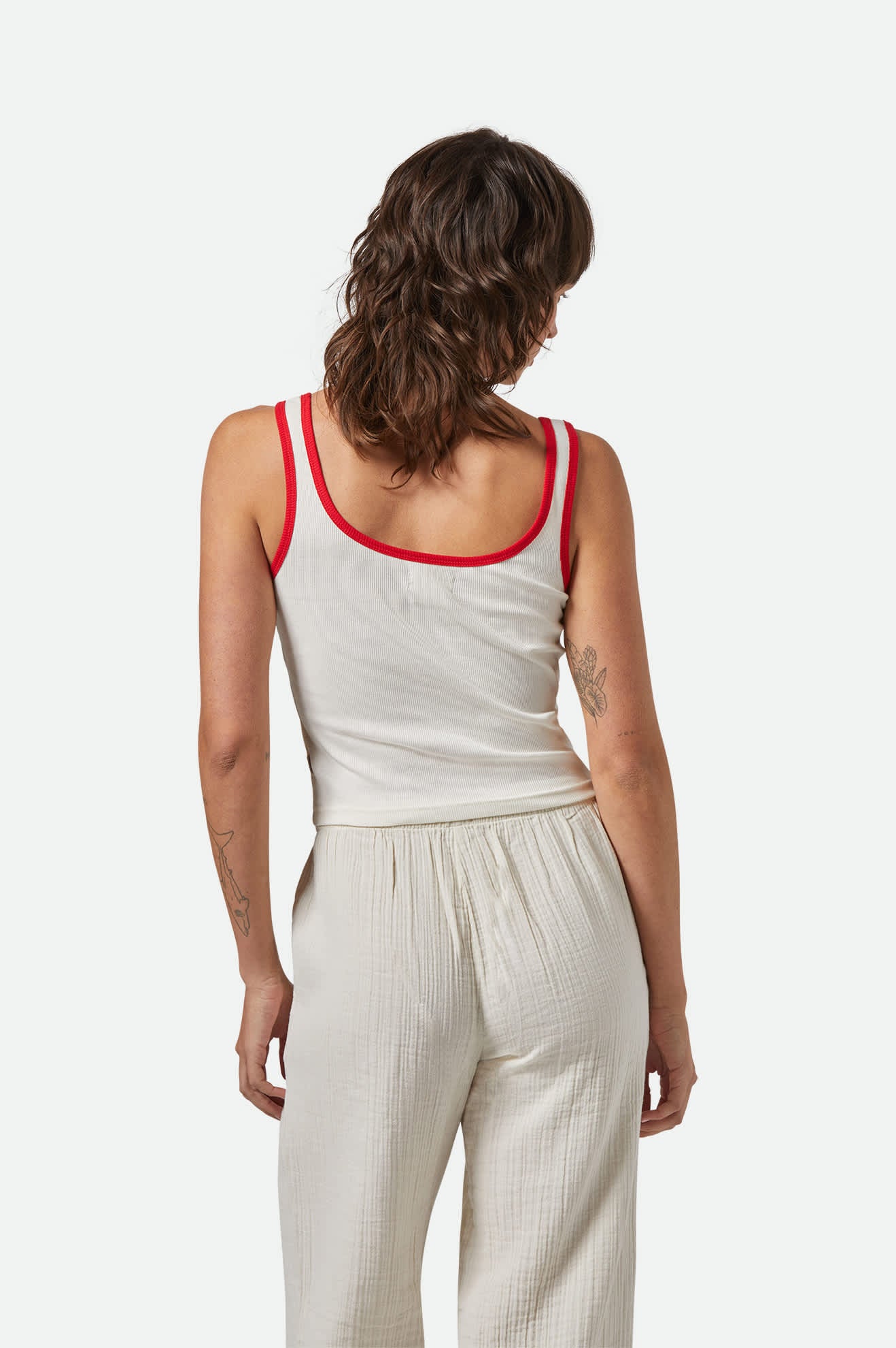 Women's Ringer Organic A-Tank in the color Off White/Crimson - Women's Back View