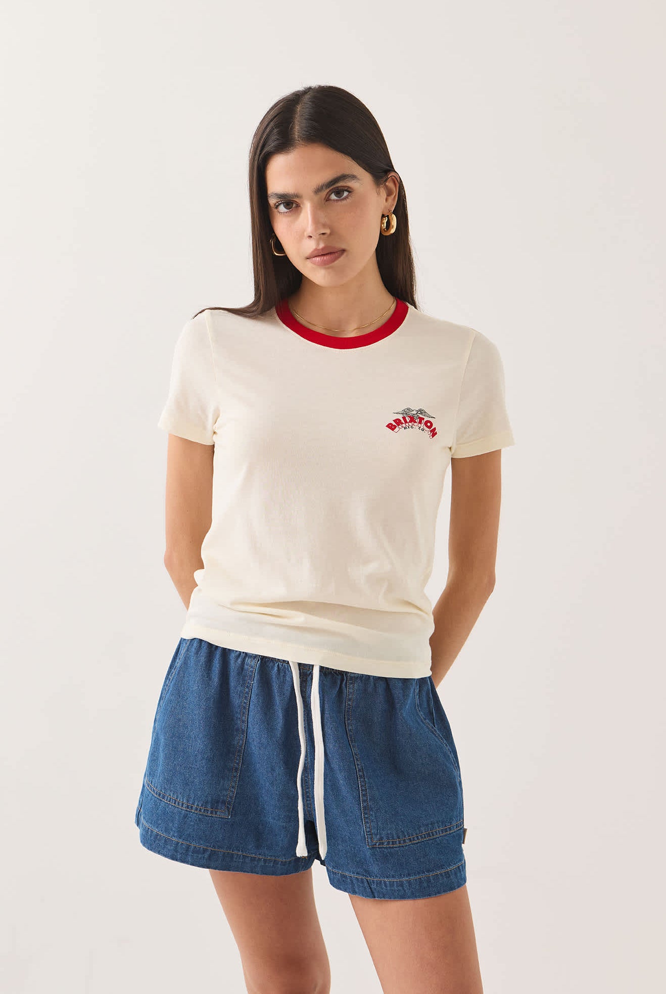 Women's Brixton Banner Slim Crew T-Shirt in the color Off White - Additional Fit image