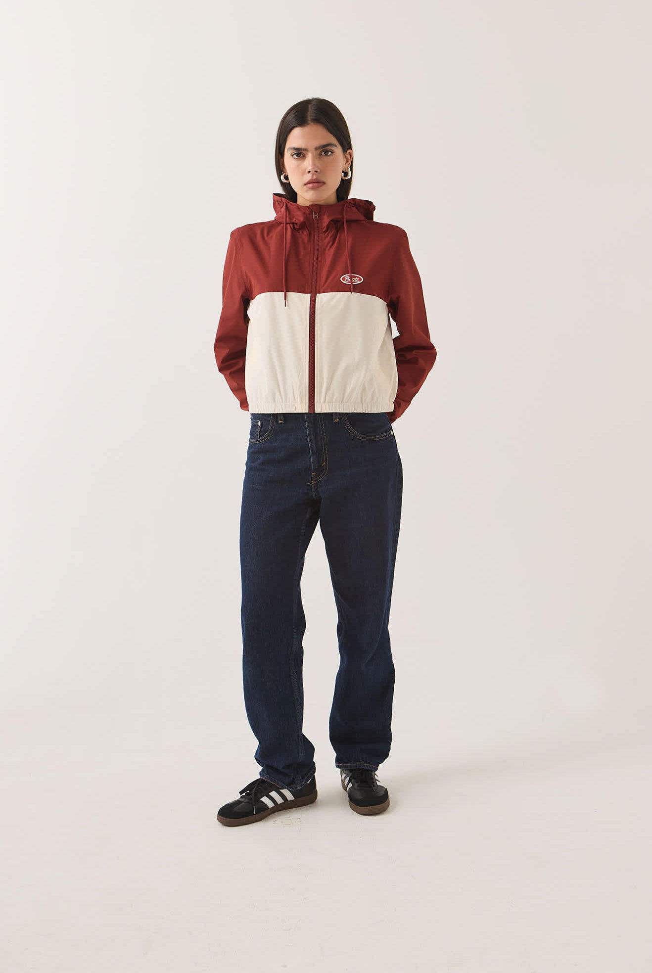 Women's Parsons Lightweight Hooded Windbreaker in the color Dark Brick/Whitecap - Women's Front View