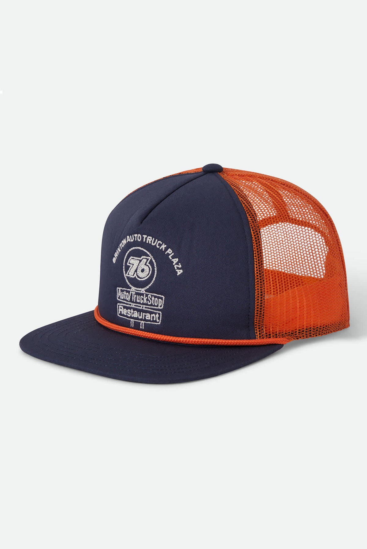 Unisex 76 Truck Stop Trucker Hat in the color Navy/Orange - Front Product View