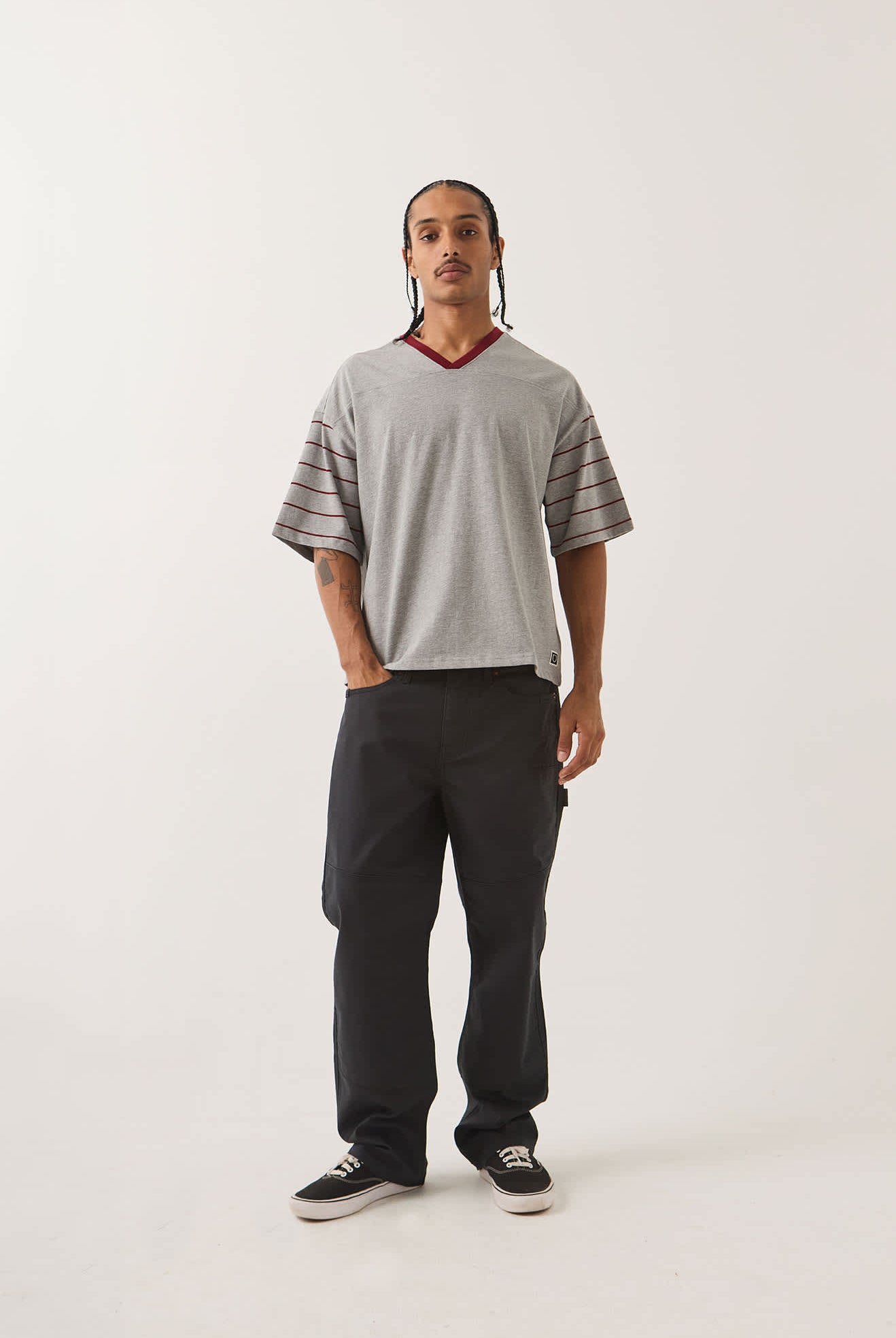 Men's Brixton Football T-Shirt in the color Heather Grey/Maroon - Men's Front View