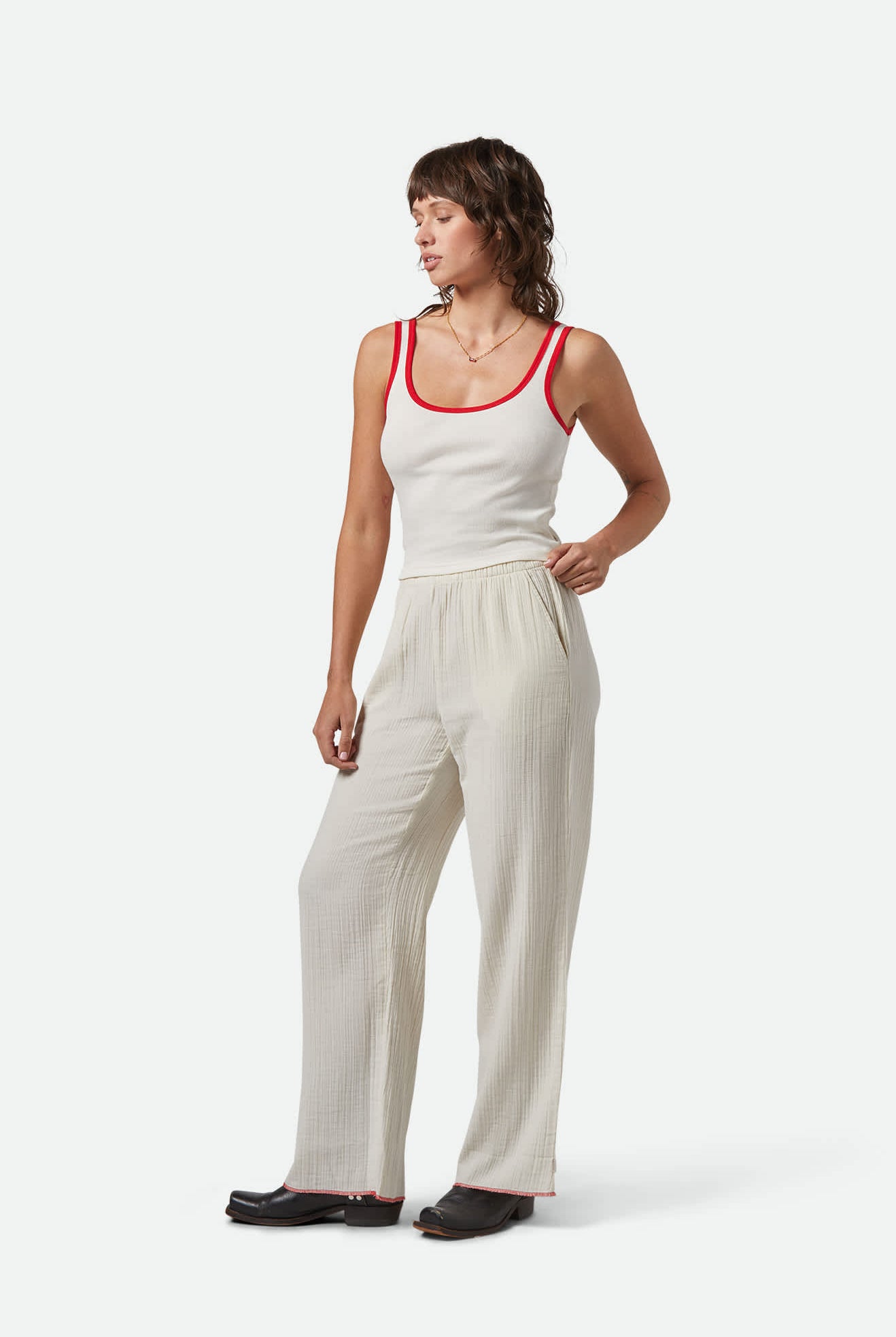 Women's Ringer Organic A-Tank in the color Off White/Crimson - Additional Fit image