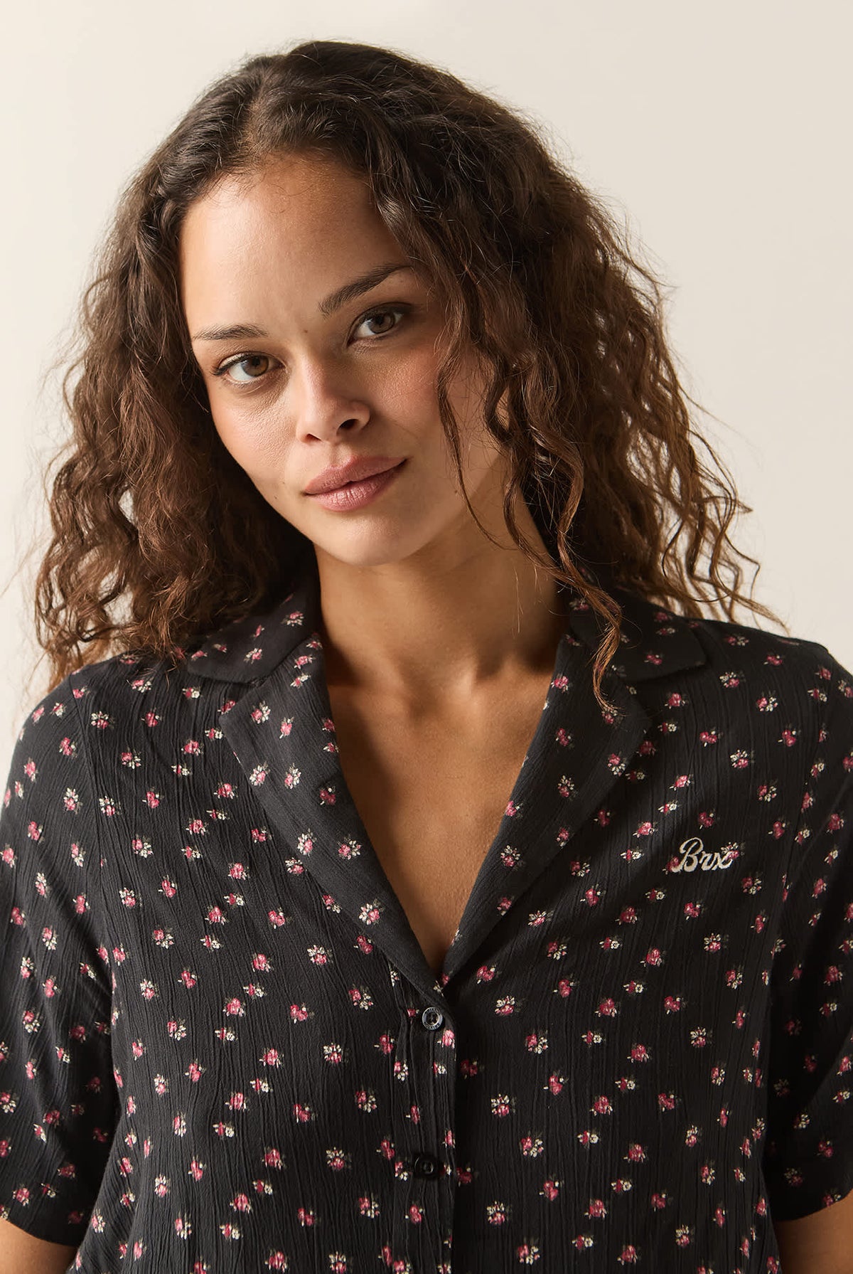 Women's Silky Bowling Button Down Shirt in the color Black Ditsy Floral - Additional Fit image