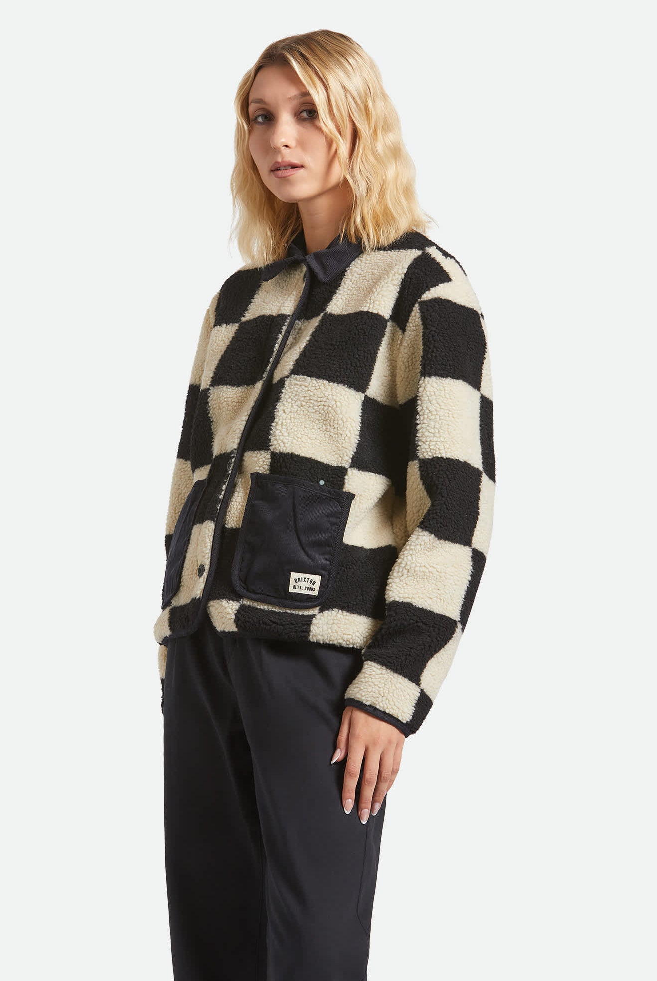 Women's Delilah Sherpa Jacket in the color Black/Natural Finish Line Checker - Women's Side View