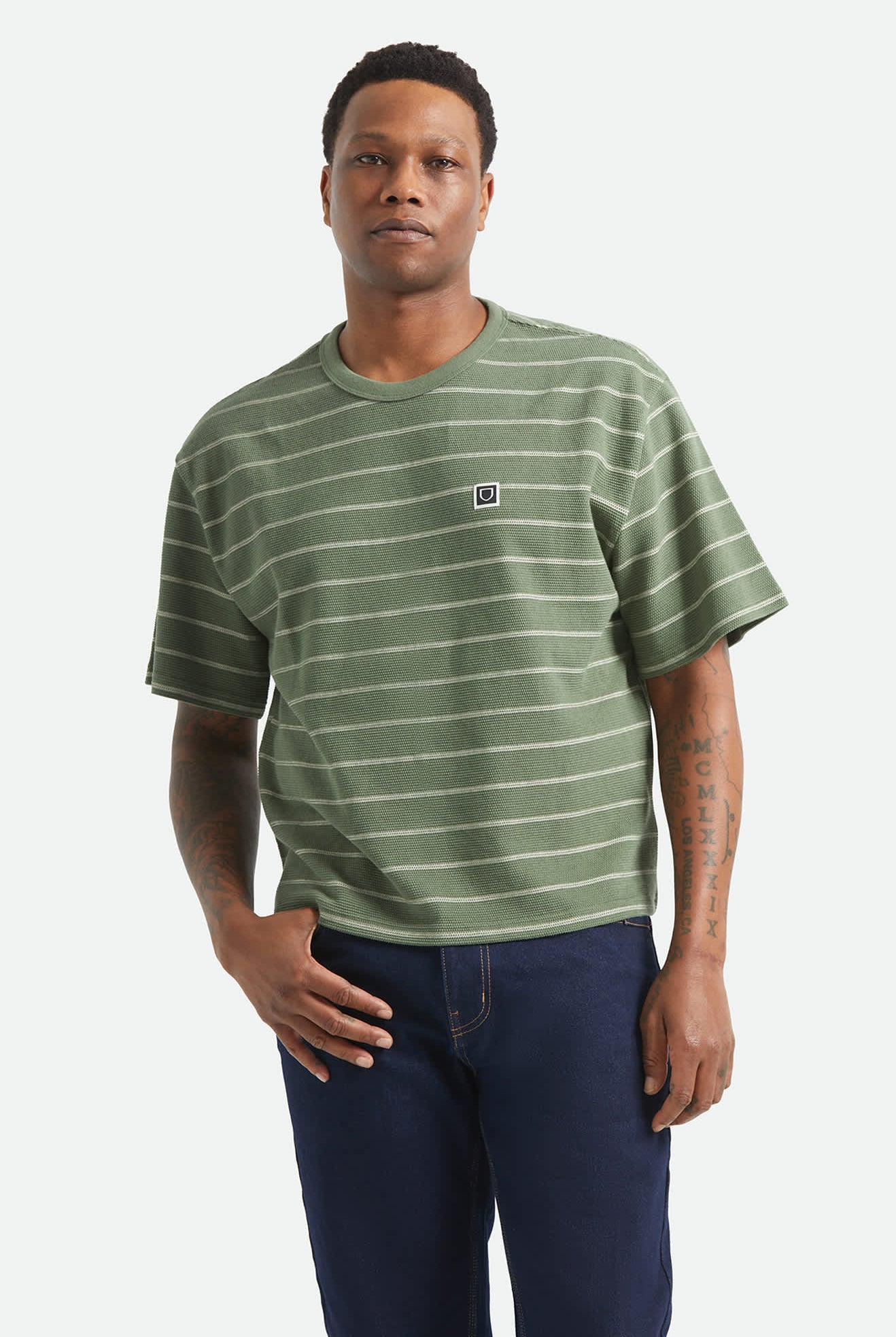 Men's Parsons Stripped Pique Boxy T-Shirt in the color Dark Olive/Whitecap - Men's Front View