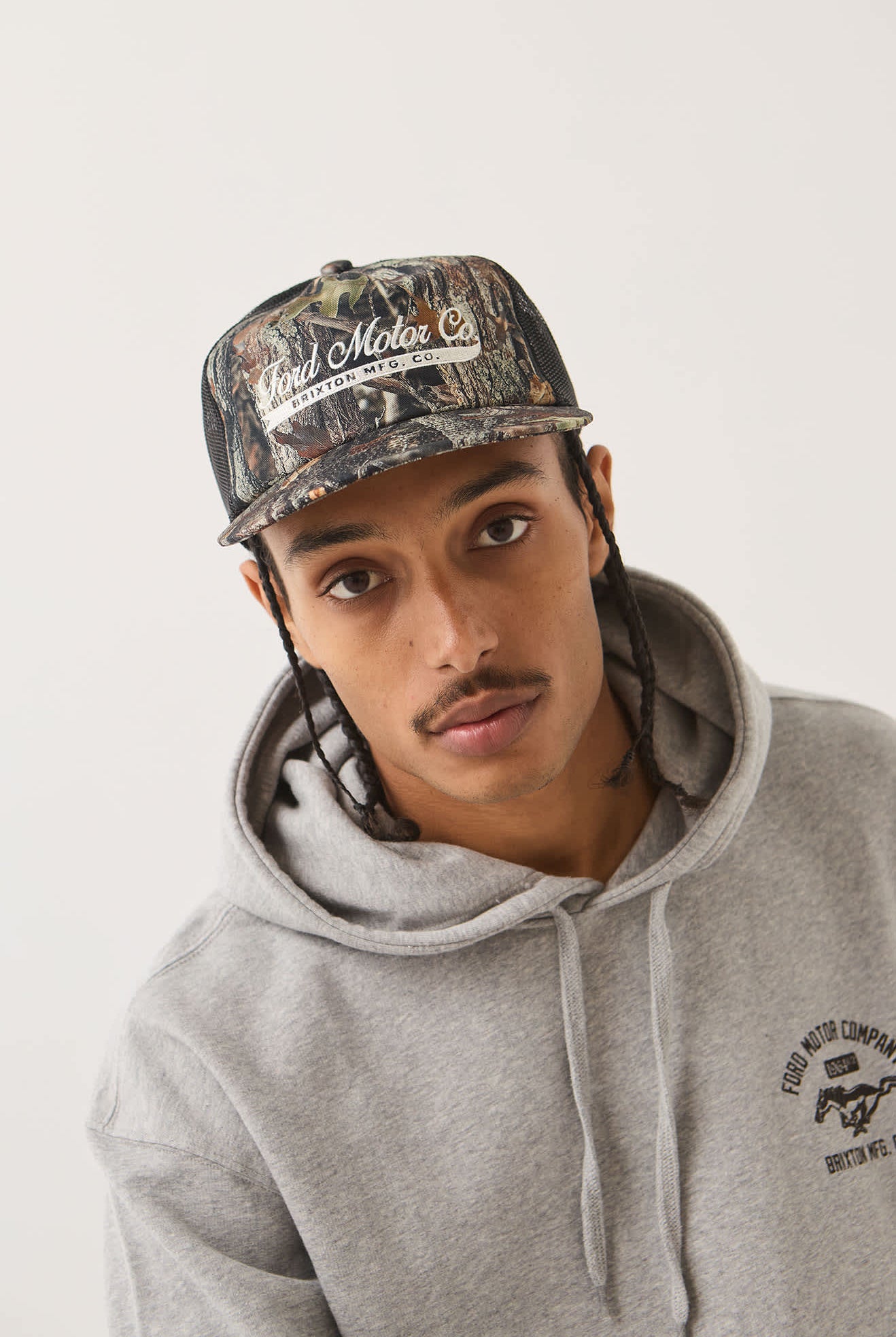 Unisex Ford X Brixton Trucker Hat in the color Boxwood Green - Men's Front View