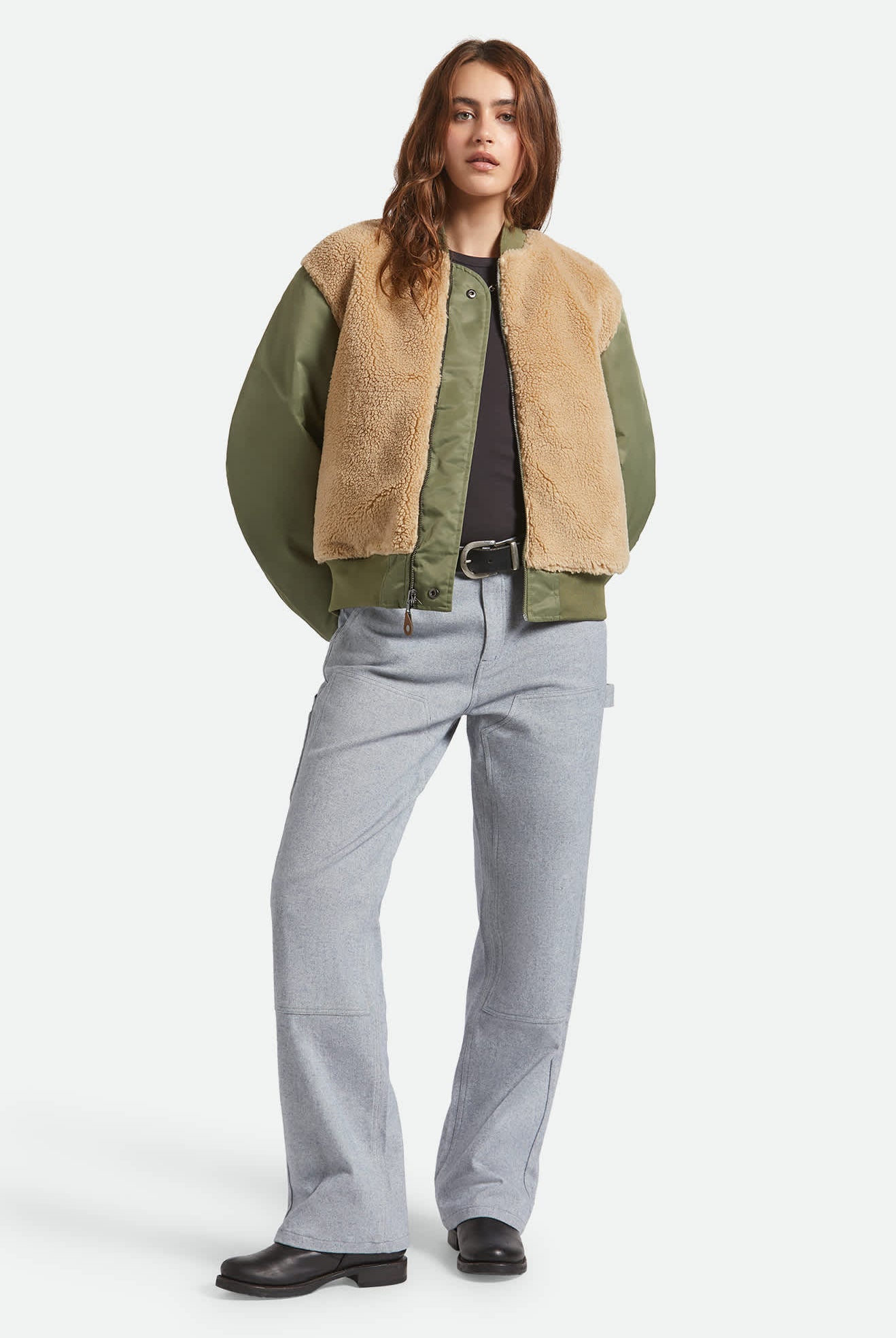 Women's Sherpa Surplus Bomber Jacket in the color Olive Surplus - Additional Fit image