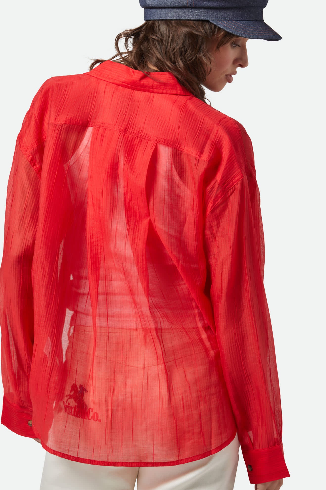 Women's East Side Boxy L/S Button Down in the color Crimson - Women's Back View