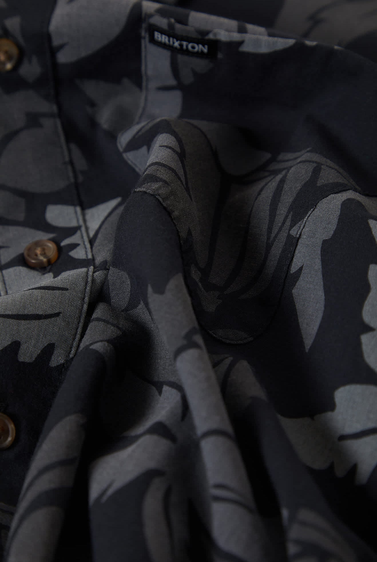 Men's Charter Print Short Sleeve Shirt in the color Black/Trooper/Future Grey Palm Floral - Additional Laydown image