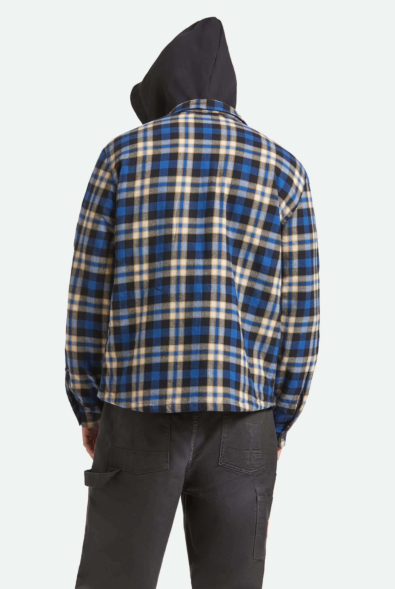 Men's Bowery Quilited Hooded Flannel in the color Navy/Cream - Men's Back View